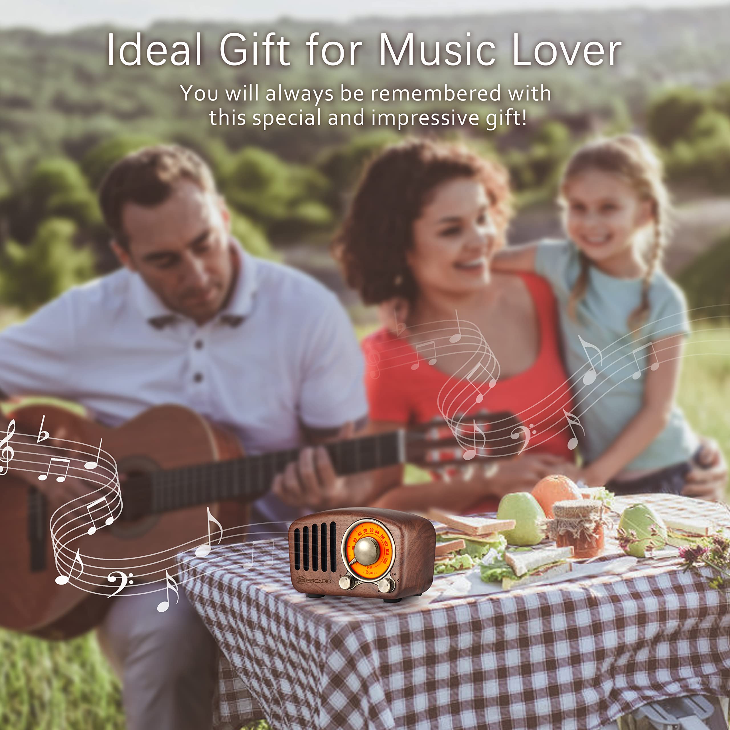 Vintage Greadio Walnut Wood Bluetooth Speaker - Retro Style Wireless Speaker with Bass Enhancement, Loud Volume, Bluetooth 5.0, MP3 & FM Radio - Perfect for Home, Office, and Outdoor Use