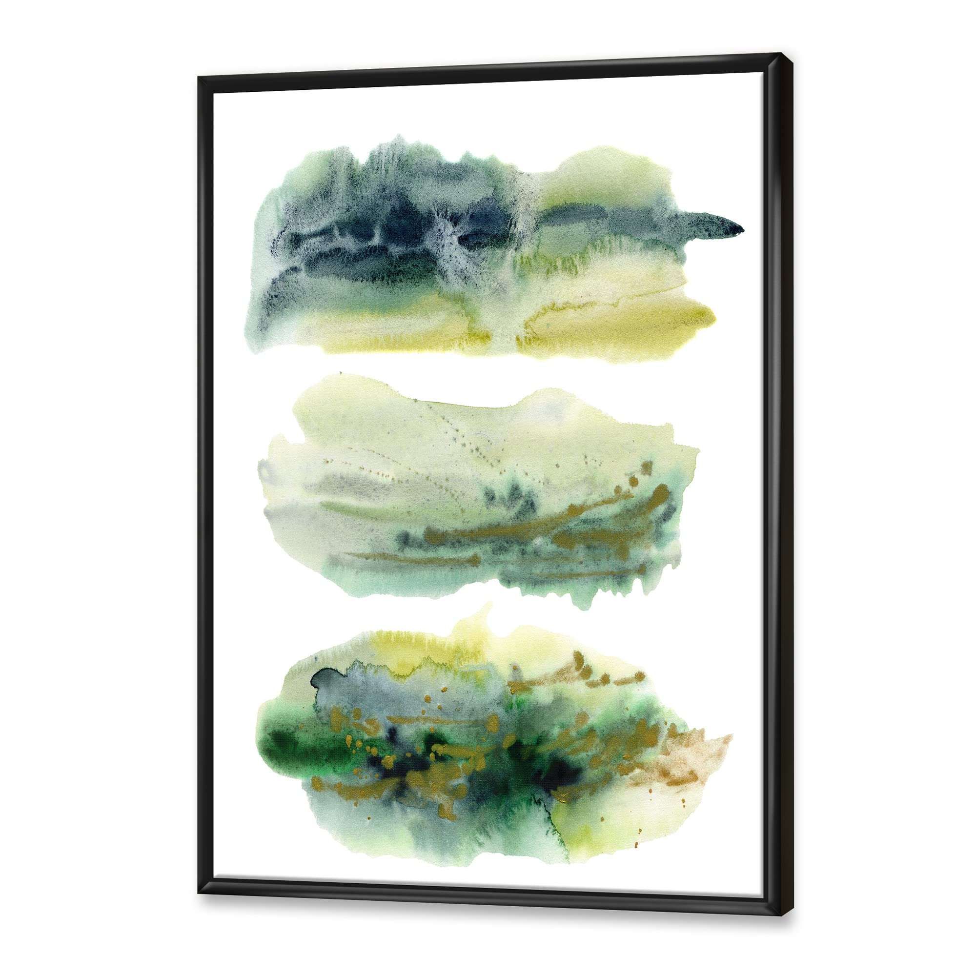 DesignQ Golden Green Abstract Clouds With Blue Points - Modern Framed Canvas Wall Art Print for Living Room, Bedroom & Office Decor
