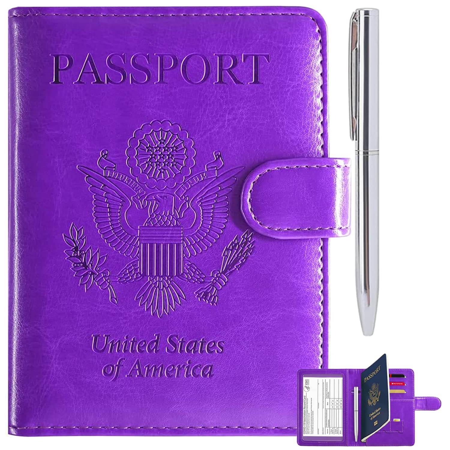 RSAquar RFID Blocking Passport Holder & Vaccine Card Wallet - Slim Lightweight Faux Leather Travel Organizer for Men & Women (Purple) - Perfect for Airports, Cruises & International Trips