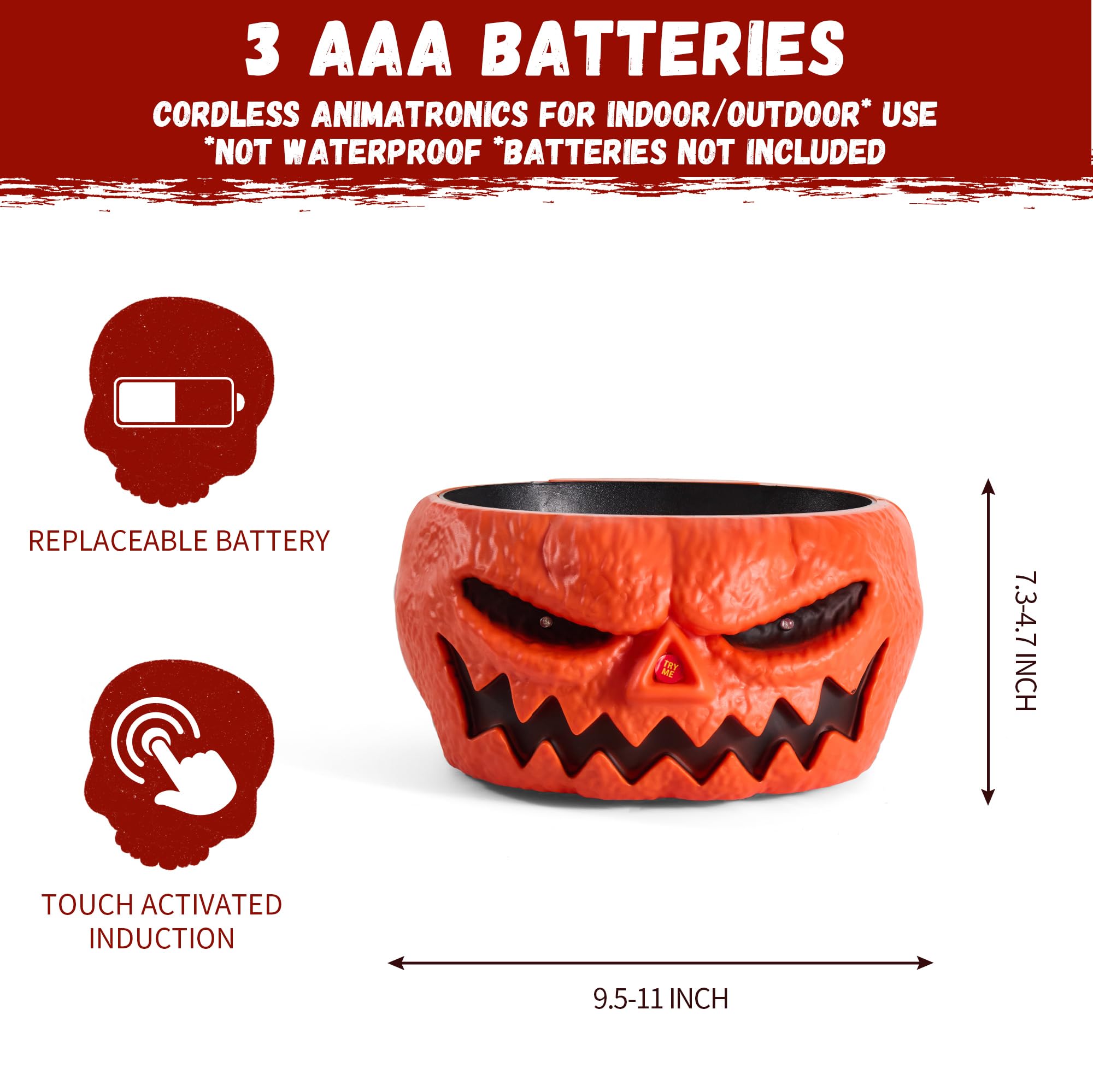 Animatronic Halloween Candy Bowl - Touch Activated Pumpkin Bowl with Creepy Sounds, Moving Skeleton Hand & Glowing Eyes | Scary Halloween Party Decor for Trick-or-Treat, Haunted House & Spooky Home Decoration