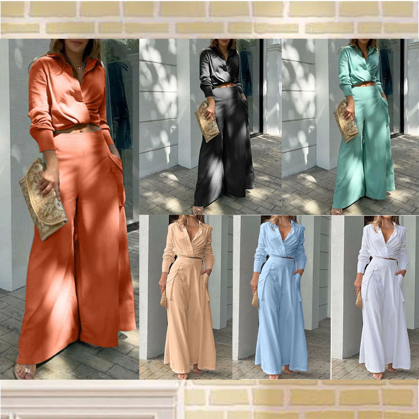 Sexy 2 Piece Outfit for Women - Cropped Long Sleeve Tops & High Waist Wide Leg Pants with Pockets | Casual Suit Set | Perfect for Date Night, Office Wear & Street Fashion