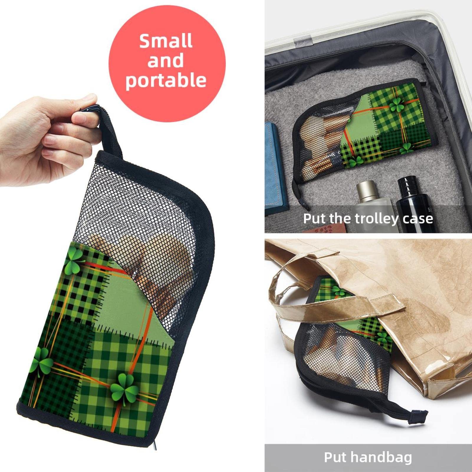 Portable Makeup Brush Organizer Bag with 12 Slots - Green Plaid Luck Clover Design | Perfect for Travel, Home Vanity & Professional Makeup Artists
