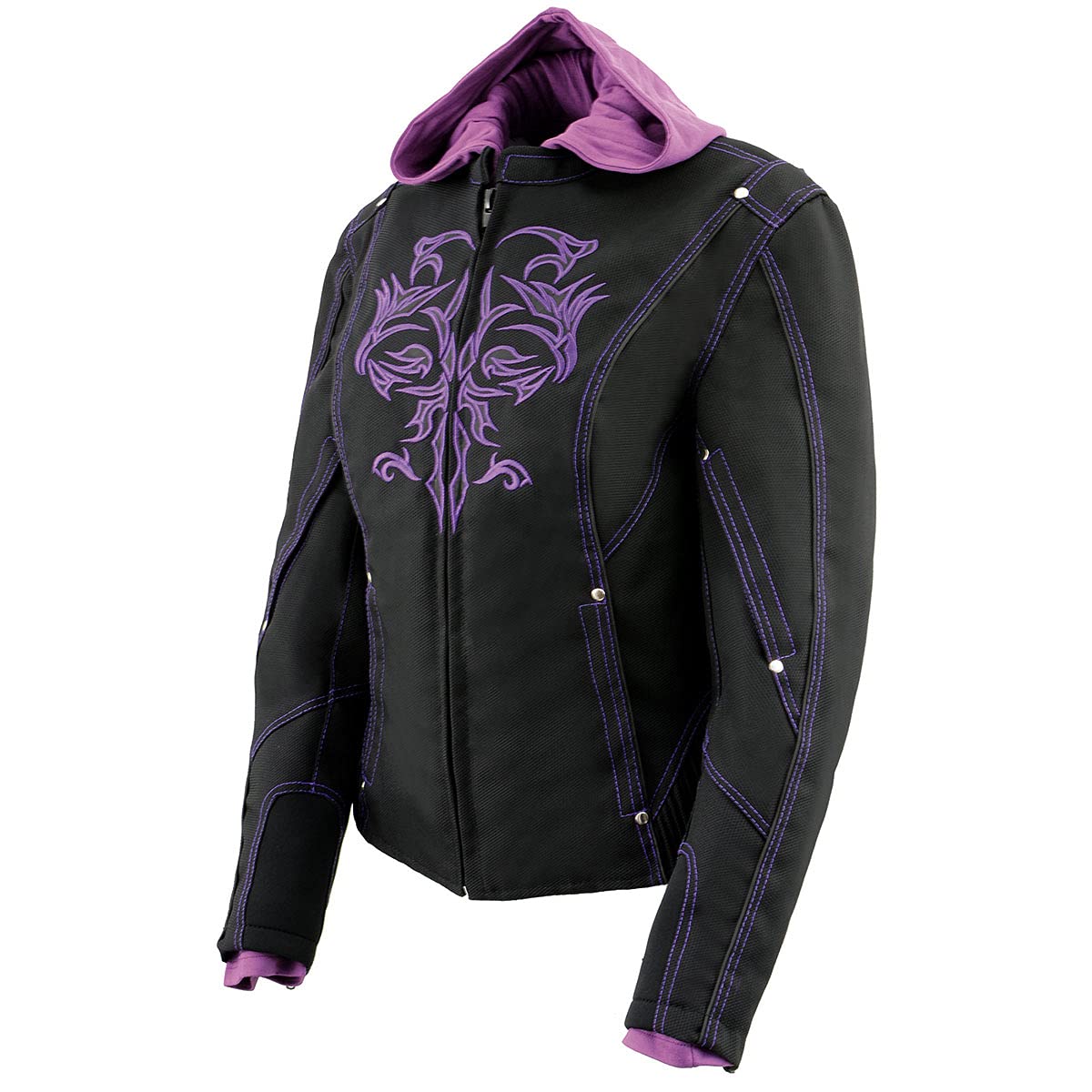 Milwaukee Leather MPL1967 Women's 3/4 Sleeve Hooded Black & Purple Motorcycle Jacket with Reflective Tribal Design - Plus Size 5XL - Perfect for Riding & Outdoor Adventures