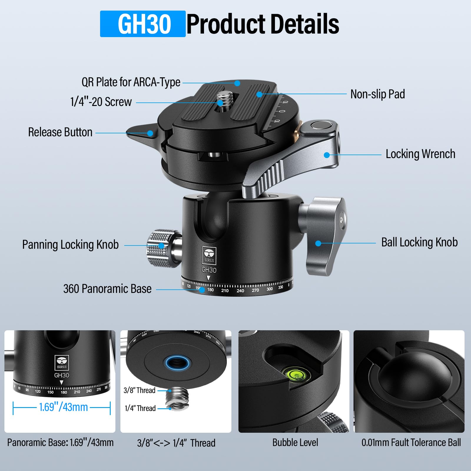 SIRUI GH30 Low Profile Quick Release Ball Head Tripod Mount - 360° Panoramic Metal Camera Head with 1/4