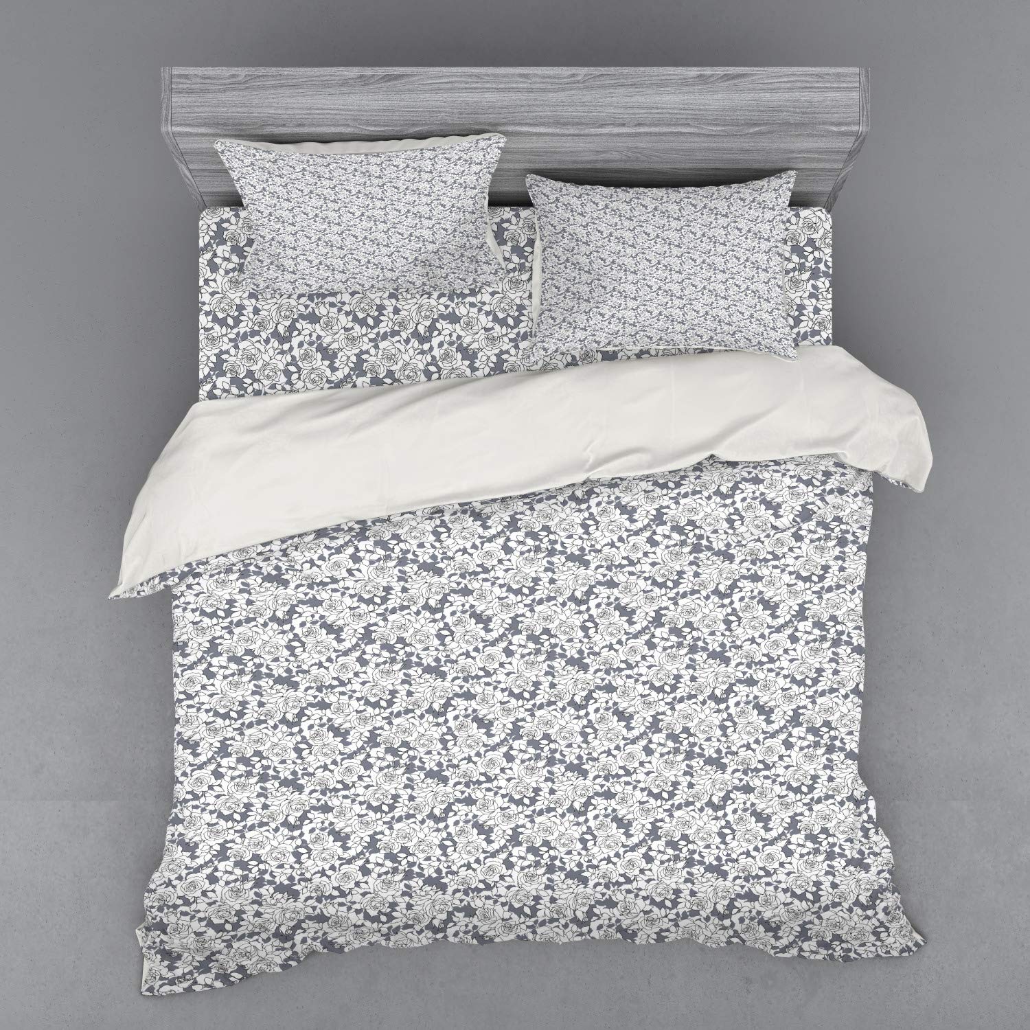 Ambesonne Rose Floral Bedding Set - 4 Piece Duvet Cover with Shams & Fitted Sheet, King Size, Purple Blue White Neutral Tones Romantic Garden Design | Perfect for Master Bedroom, Guest Room & Bohemian Home Decor