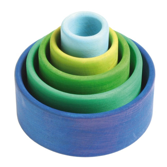 Grimm's Small Stacking Bowls Set - 5 Piece Ocean Blue Wooden Toys for Kids | Montessori Learning, Sensory Play & Home Decor
