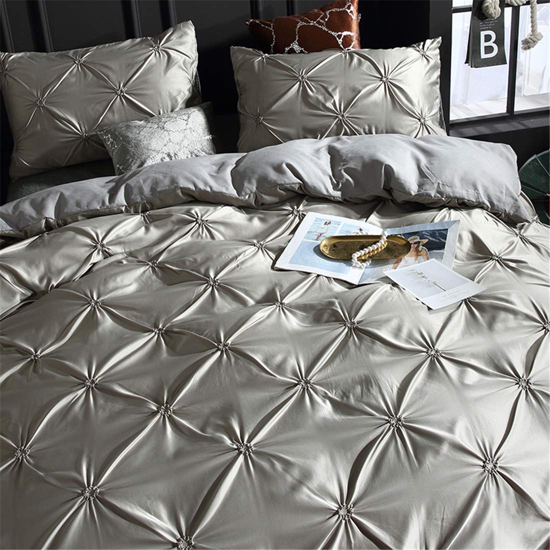 Erosebridal Grey Pinch Pleated Duvet Cover Set - King Size Silk-Like Satin Pintuck Bedding with Zipper & Ruffle Design, Luxury Microfiber Comforter Cover for Master Bedroom, Guest Room & Hotel Decor