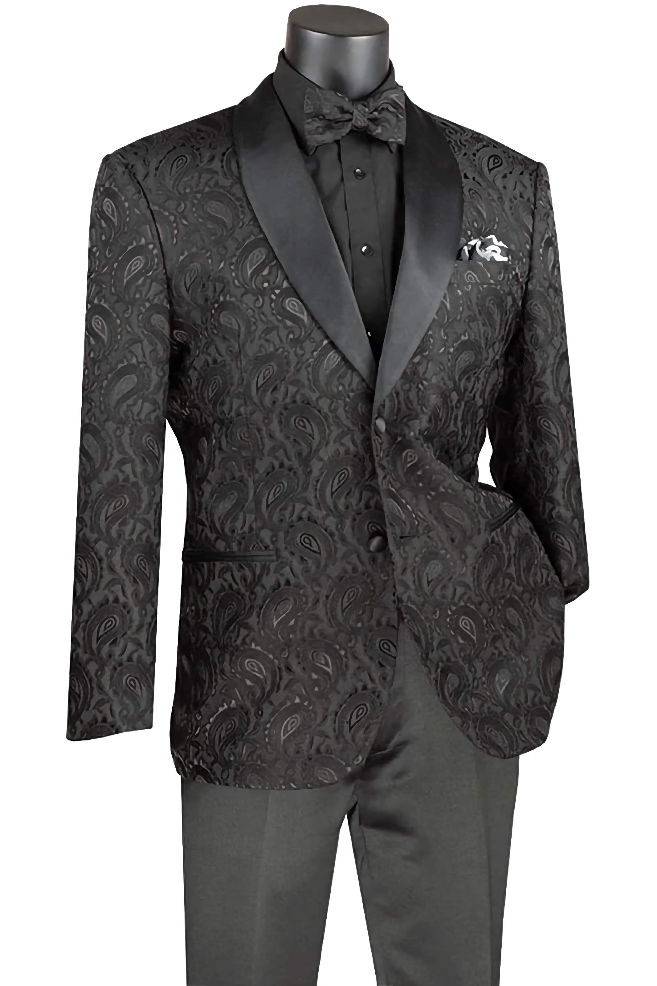 Stylish Black Modern Fit Paisley Jacquard Jacket with Bow Tie - Perfect for Weddings, Parties & Formal Events