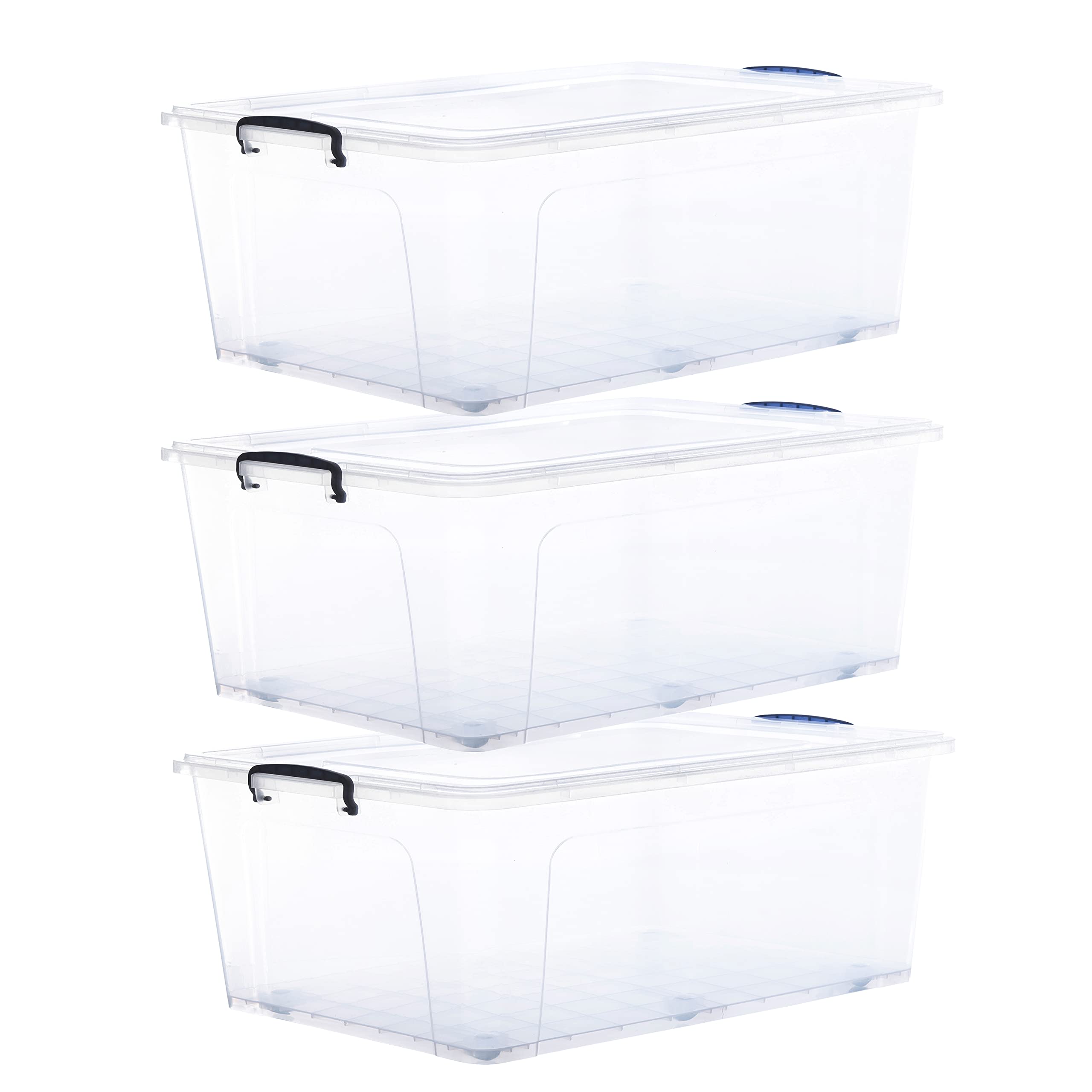 Premium 32 Qt Stackable Storage Containers with Wheels & Secure Latching Lids (3-Pack) - Ideal for Home Organization, Garage Storage, and Moving Supplies