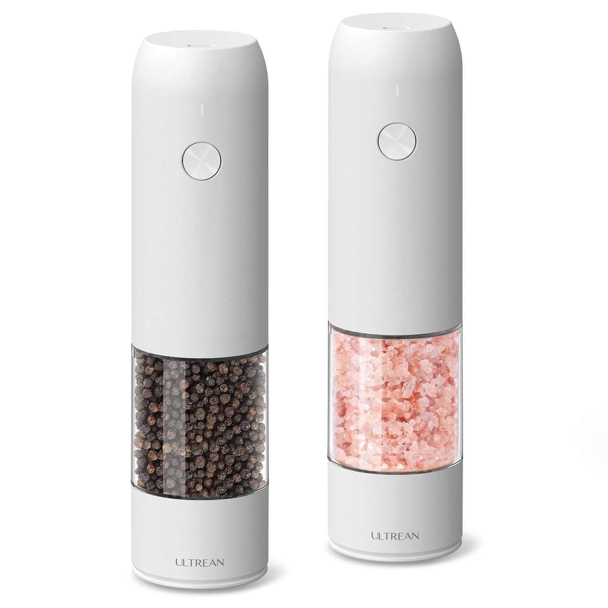 Ultrean Rechargeable Electric Salt and Pepper Grinder Set (2 Pack) - Adjustable Coarseness, LED Light, One-Hand Operation - Perfect for Kitchen, Dining, Camping & Gifting - White