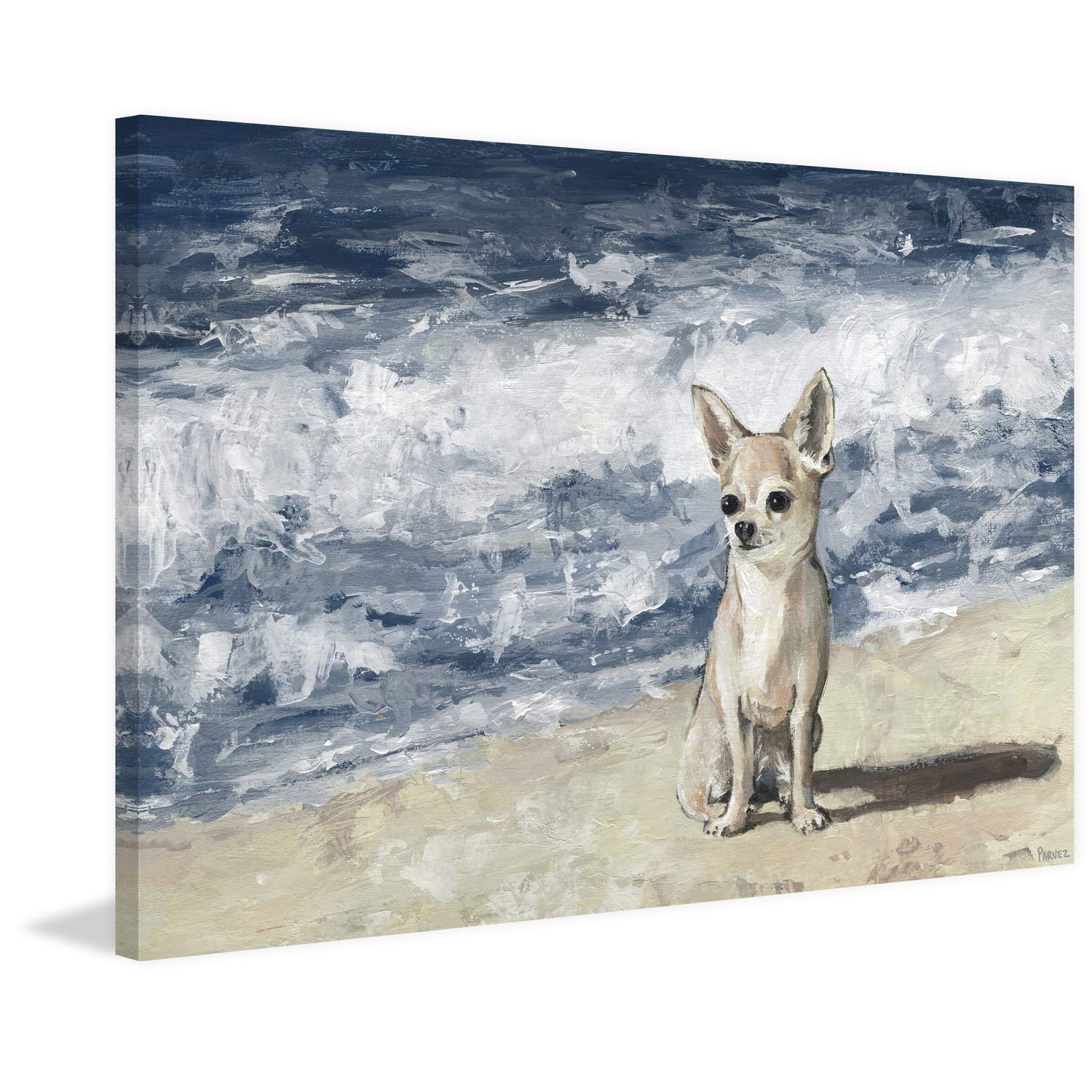 Parvez Taj Chihuahua Beach Painting - 45x30 Inch Wrapped Canvas Wall Art - Coastal Dog Decor for Living Room, Bedroom & Office