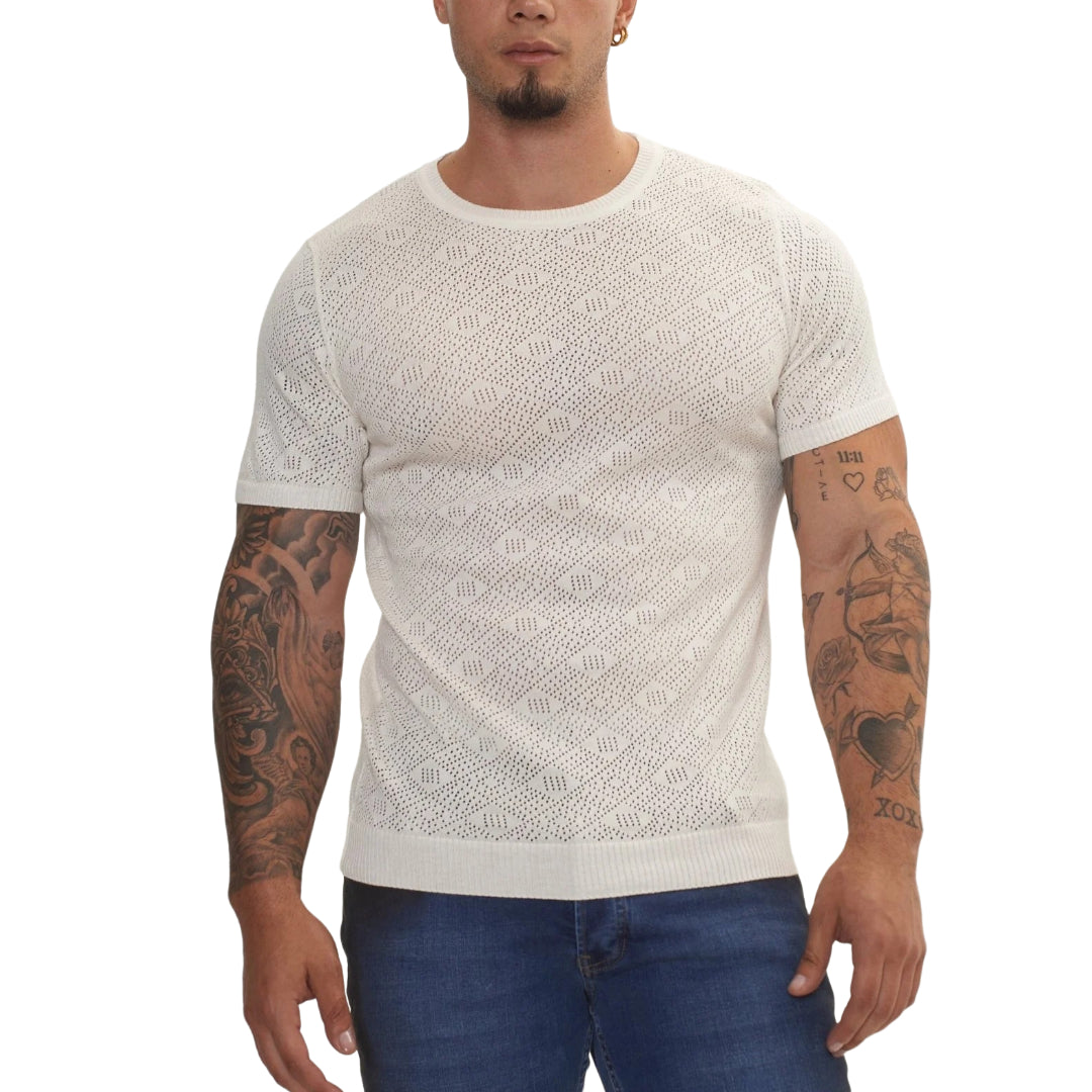 RNT23 Geometric Crochet T-Shirt in Off White | Stylish Boho Summer Top for Women | Perfect for Beach Outings, Music Festivals & Casual Wear