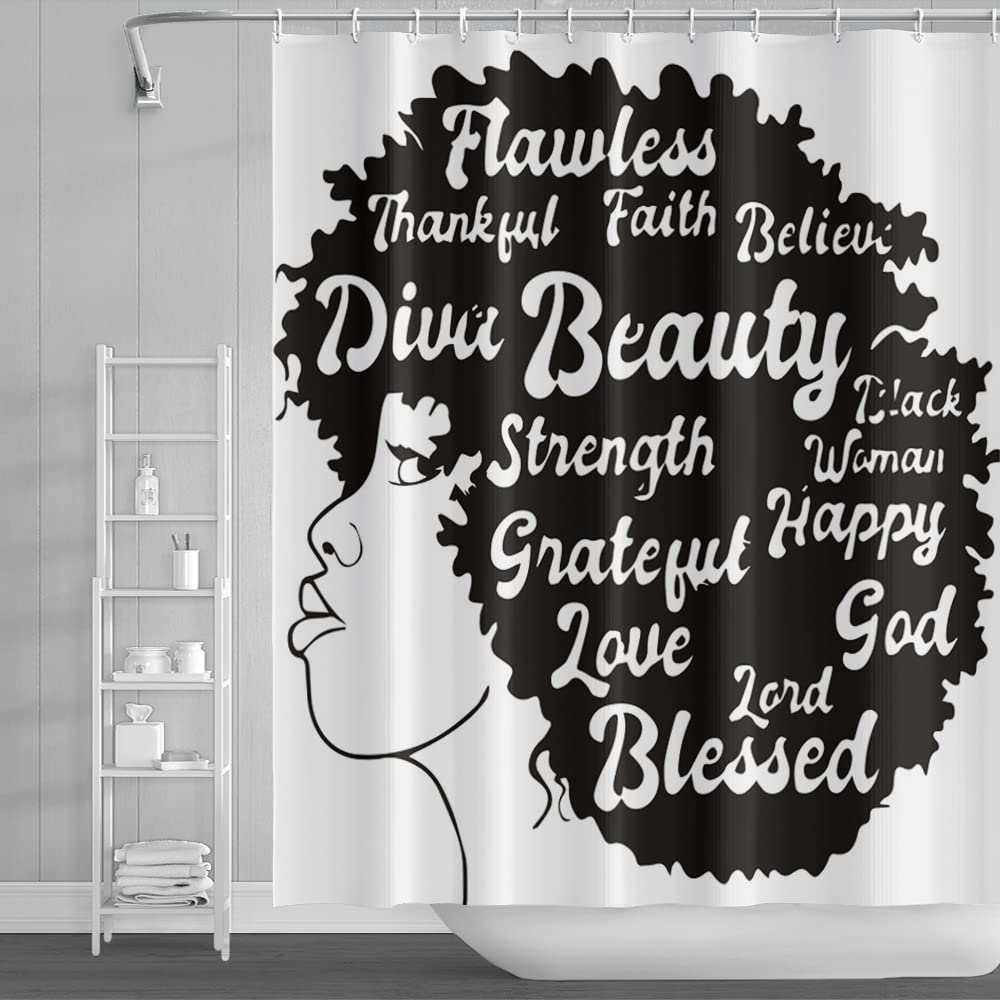 Black Girl Shower Curtain - African American Woman Design on White Background, Waterproof Fabric Bathroom Decor with Hooks, 72x72 Inches - Perfect for Black Pride Home Decor, Women's Bathroom Accessories & Afrocentric Interior Design
