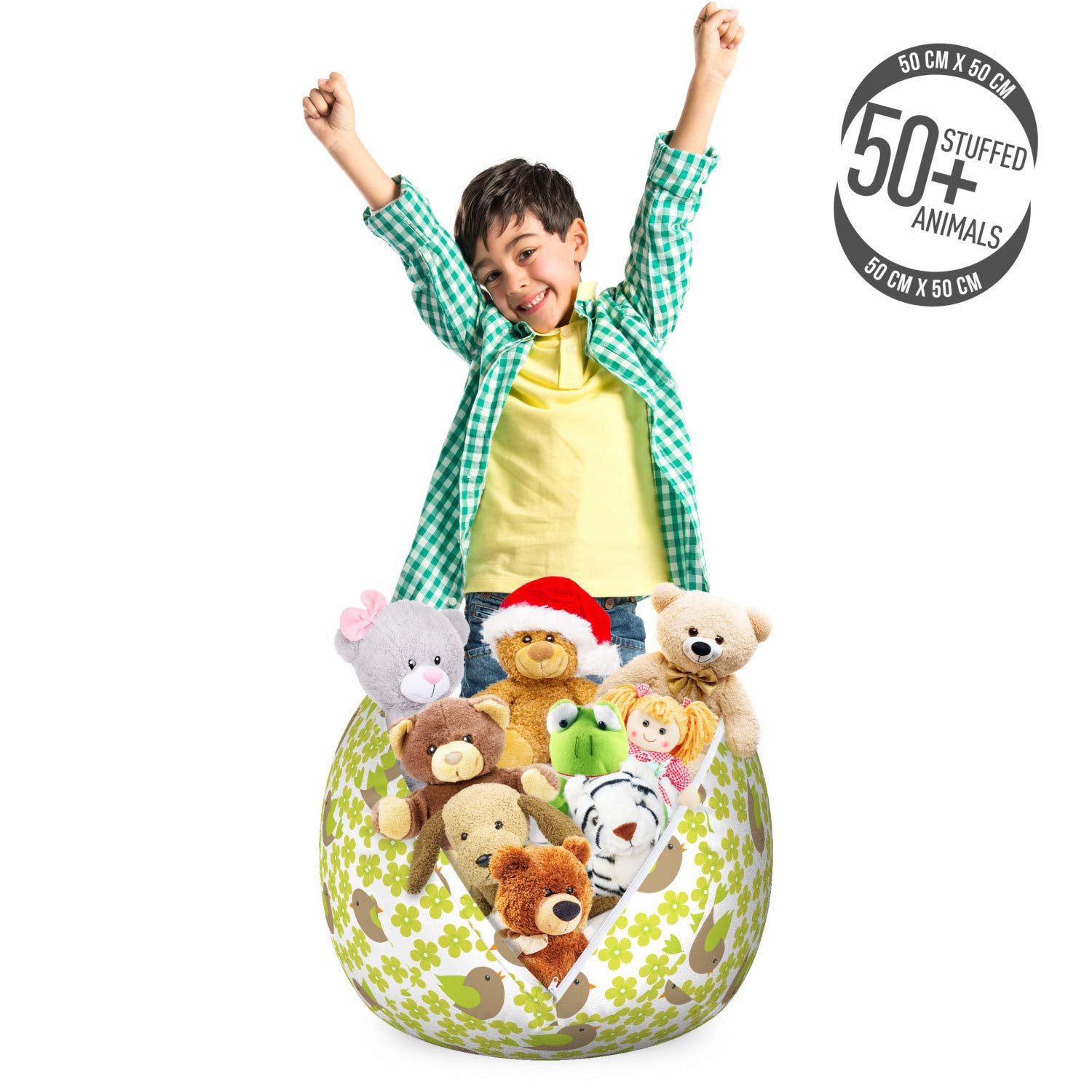 Ambesonne Bird Pattern Storage Toy Bag Chair - Washable Stuffed Animal Organizer with Repeating Avian Animals & Petals Print - Small Size in Yellow Green Cocoa - Perfect for Kids' Room, Nursery & Playroom Organization