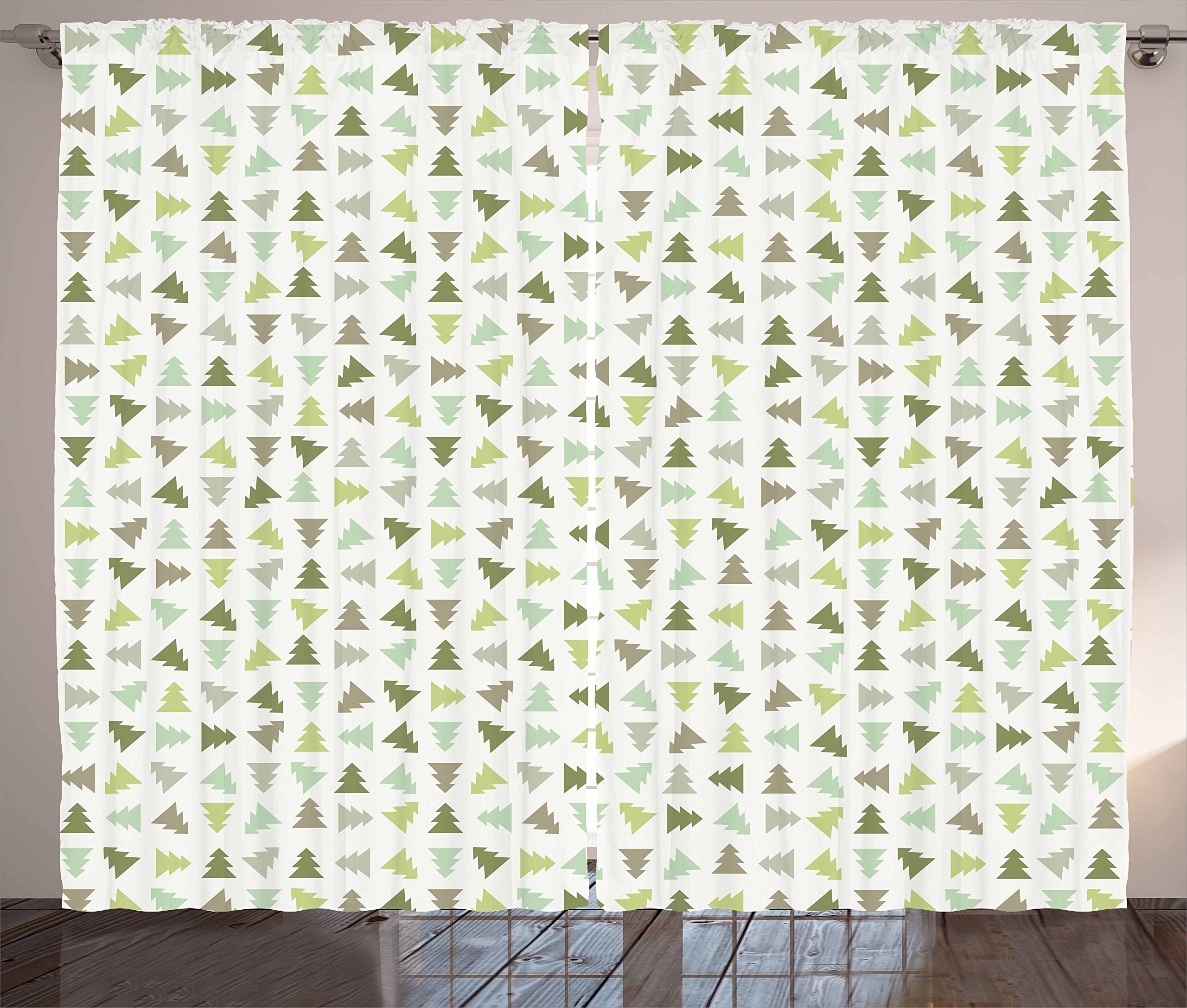 Ambesonne Winter Curtains - Christmas Pine Tree Design in Green Retro Holiday Patterns, 2 Panel Window Drapes for Living Room & Bedroom, 108