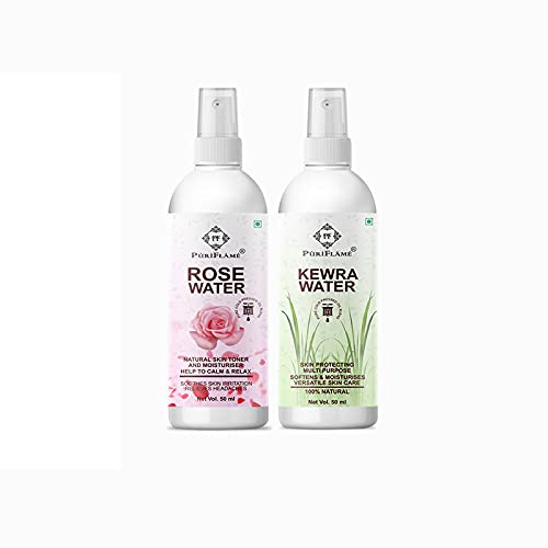 **PuriFlame 100% Pure Kewra Water & Rose Water Combo Pack (50ML Each) – Deep Pore Cleanser, Acne Treatment, Skin Revitalizer – Prevent Blackheads & Pimples – Perfect for Daily Skincare & DIY Beauty Treatments**