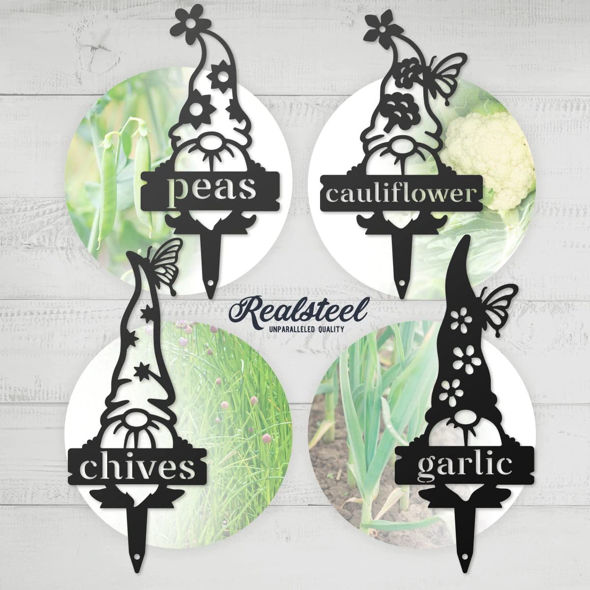 RealSteel Metal Garden Gnome Plant Markers - Durable Outdoor Plant Labels & Vegetable Garden Stakes for Gardening, Yard Decor & Gifts - Perfect for Organizing Herb Gardens, Vegetable Patches & Flower Beds