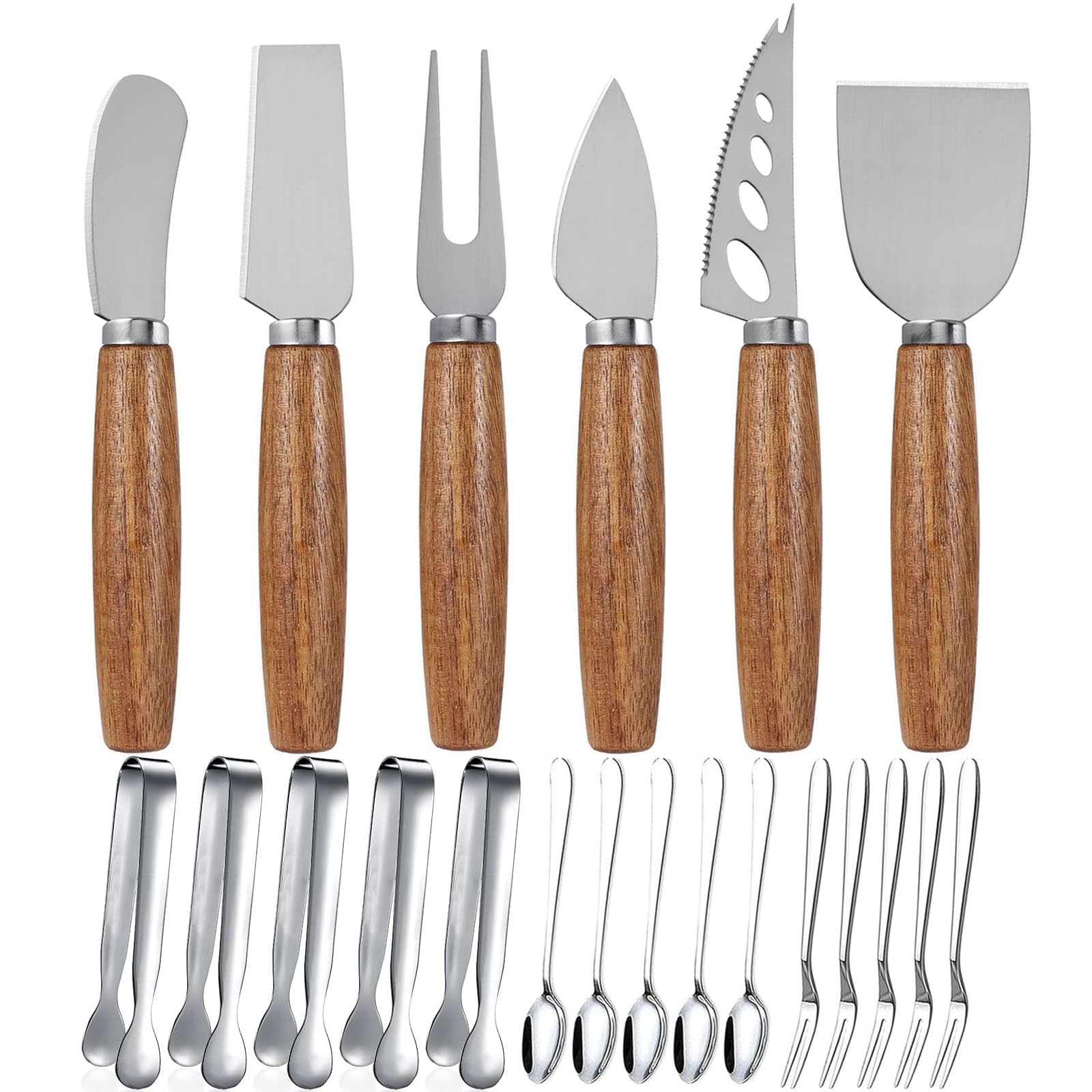 Premium Charcuterie Board Accessories Set - 6-Piece Cheese & Butter Spreader Knives with Wooden Handles, Mini Serving Tongs, Spoons & Forks - Perfect for Charcuterie Boards, Cheese Platters, Parties, Weddings & Christmas Gatherings