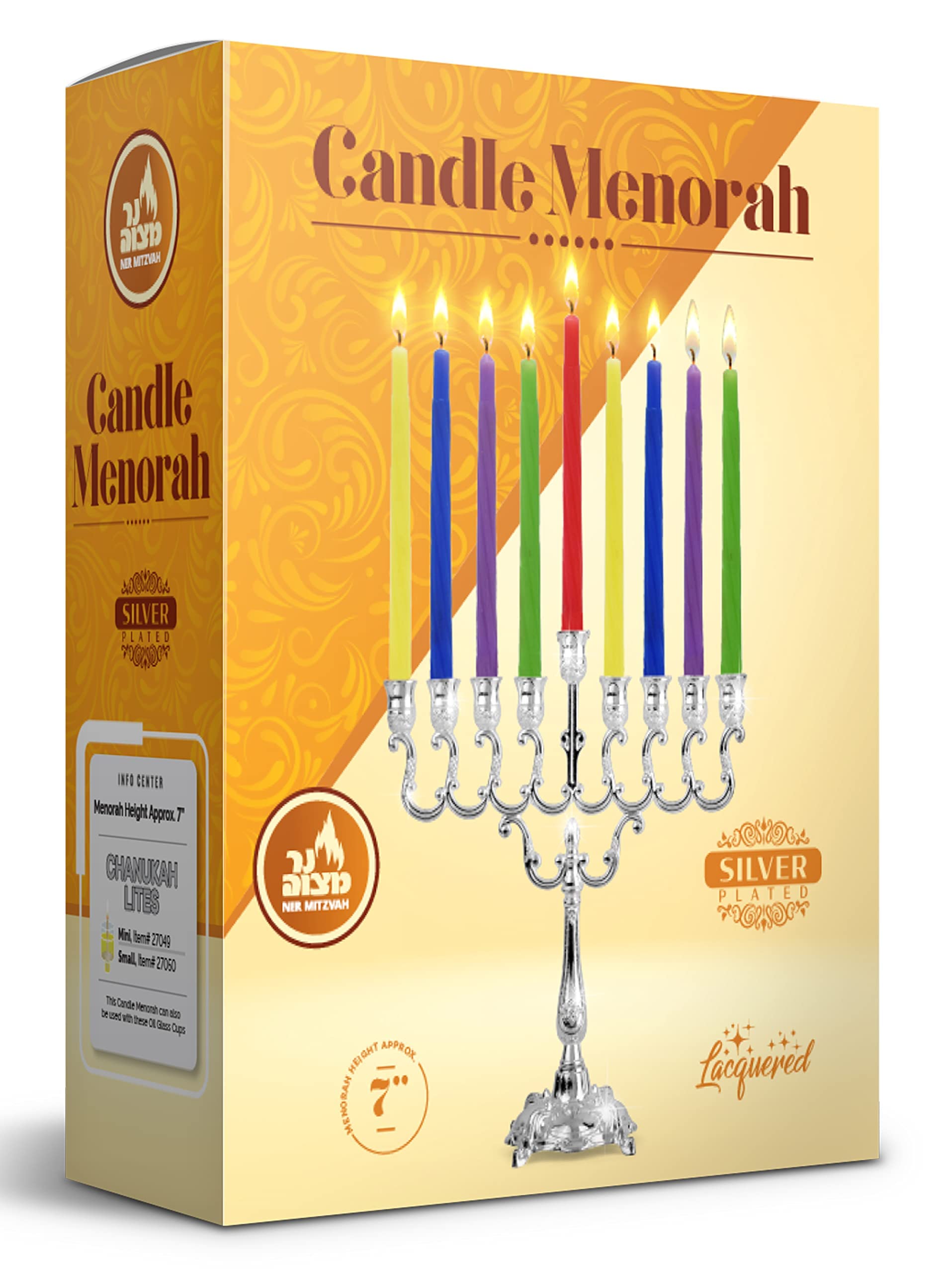 Silver Plated Hanukkah Menorah with Curved Branches - Holds Standard Hanukkah Candles (7.25