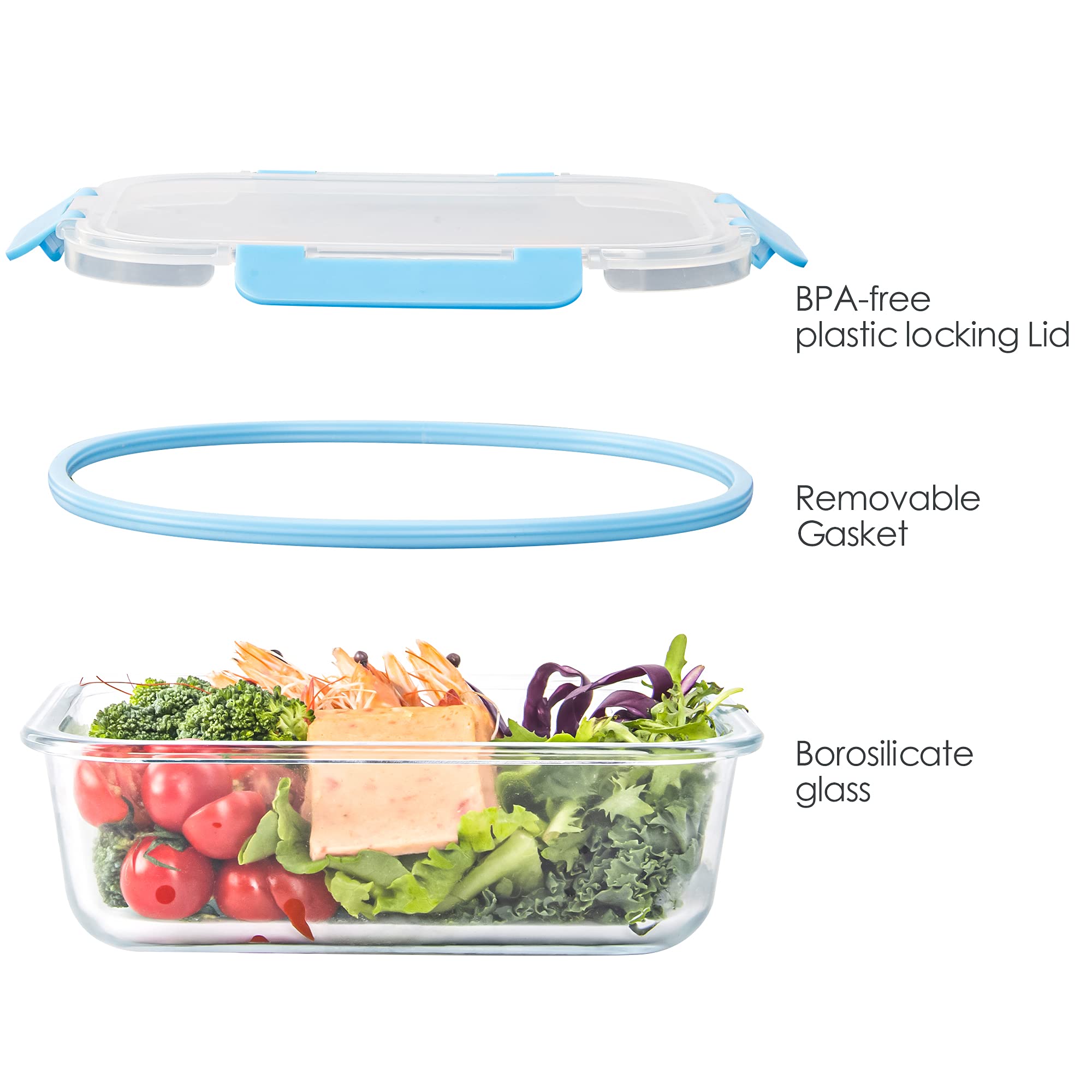 10-Pack Airtight Glass Food Storage Containers with Lids - Leakproof Meal Prep Containers for Adults - Microwave & Freezer Safe Bento Boxes (34oz & 12oz) - Perfect for Office Lunch, Meal Prepping & Leftovers