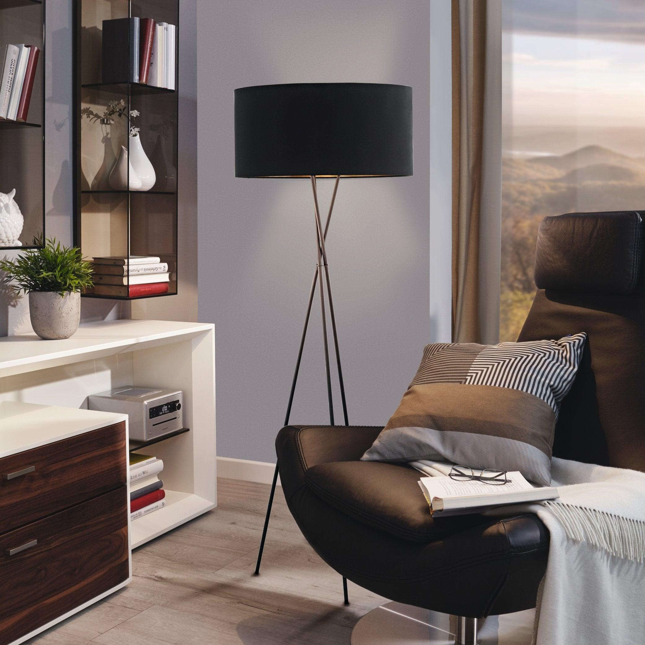 Eglo Fondachelli Black Tripod Floor Lamp with Fabric Black & Copper Shade - Modern Lighting for Living Room, Bedroom, or Office Decor