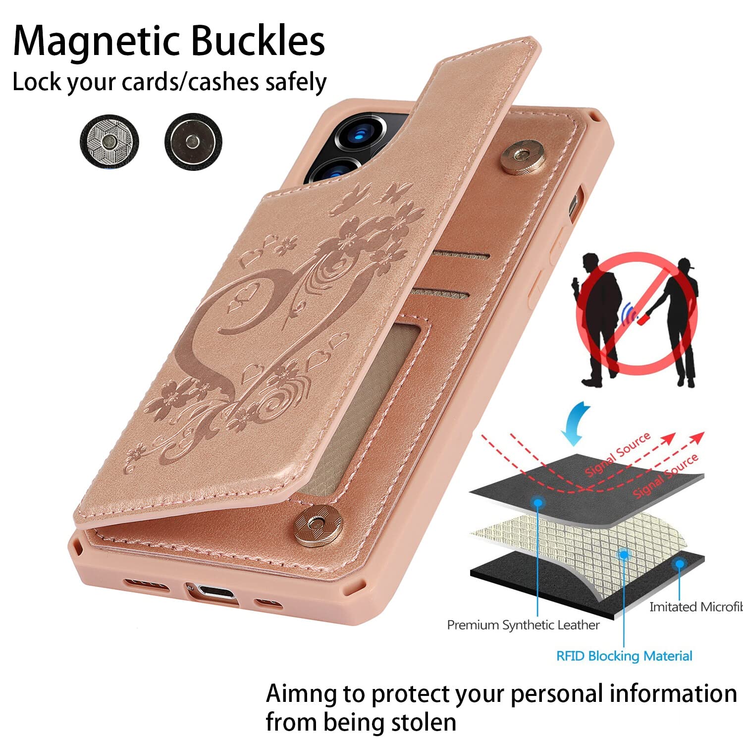 Premium Leather Wallet Case for iPhone 12/12 Pro - Shockproof Protective Cover with Card Holder, Stand & Wrist Strap (Rose Gold) | Perfect for Business, Travel & Everyday Use