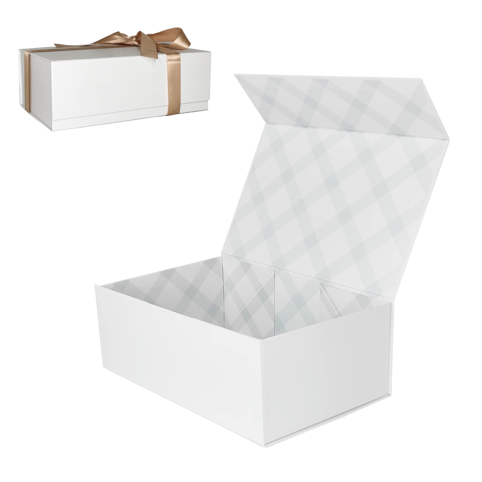 Premium White Magnetic Gift Box with Lid & Plaid Lining - Luxury Wedding, Bridesmaid Proposal, Birthday Present Packaging - Elegant Folding Empty Gift Box with Ribbon for Special Occasions & Party Favors
