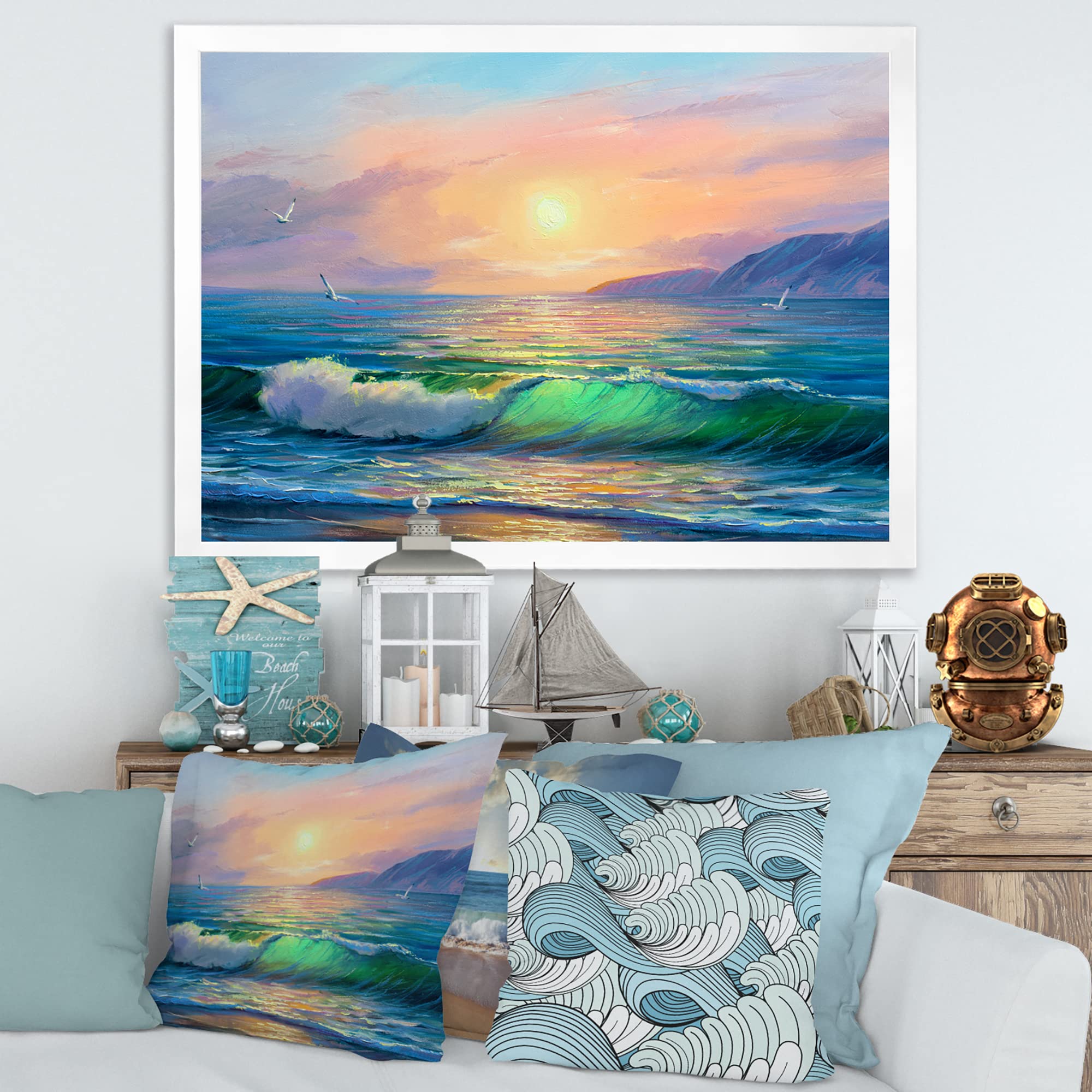 Blue Waves Breaking at the Beach - Coastal Framed Wall Art for Living Room, Bedroom & Office Decor | Nautical Theme Ocean Painting