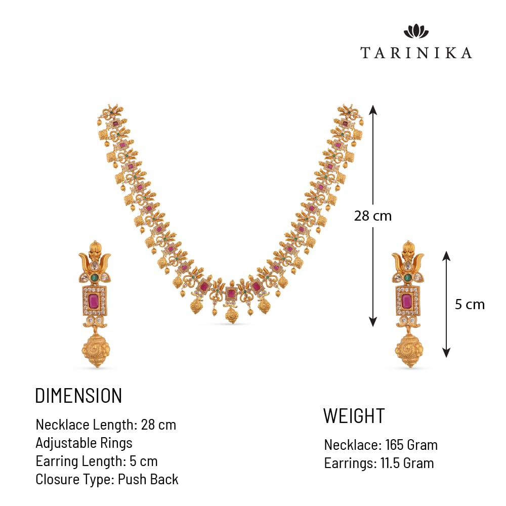 TARINIKA Antique Gold Plated Ahaana Long Necklace Set with Floral Design - Indian Jewelry Sets for Women | Traditional South Indian Necklace for Weddings, Festivals & Ethnic Occasions | 1 Year Warranty | Perfect Gift for Brides & Cultural Events