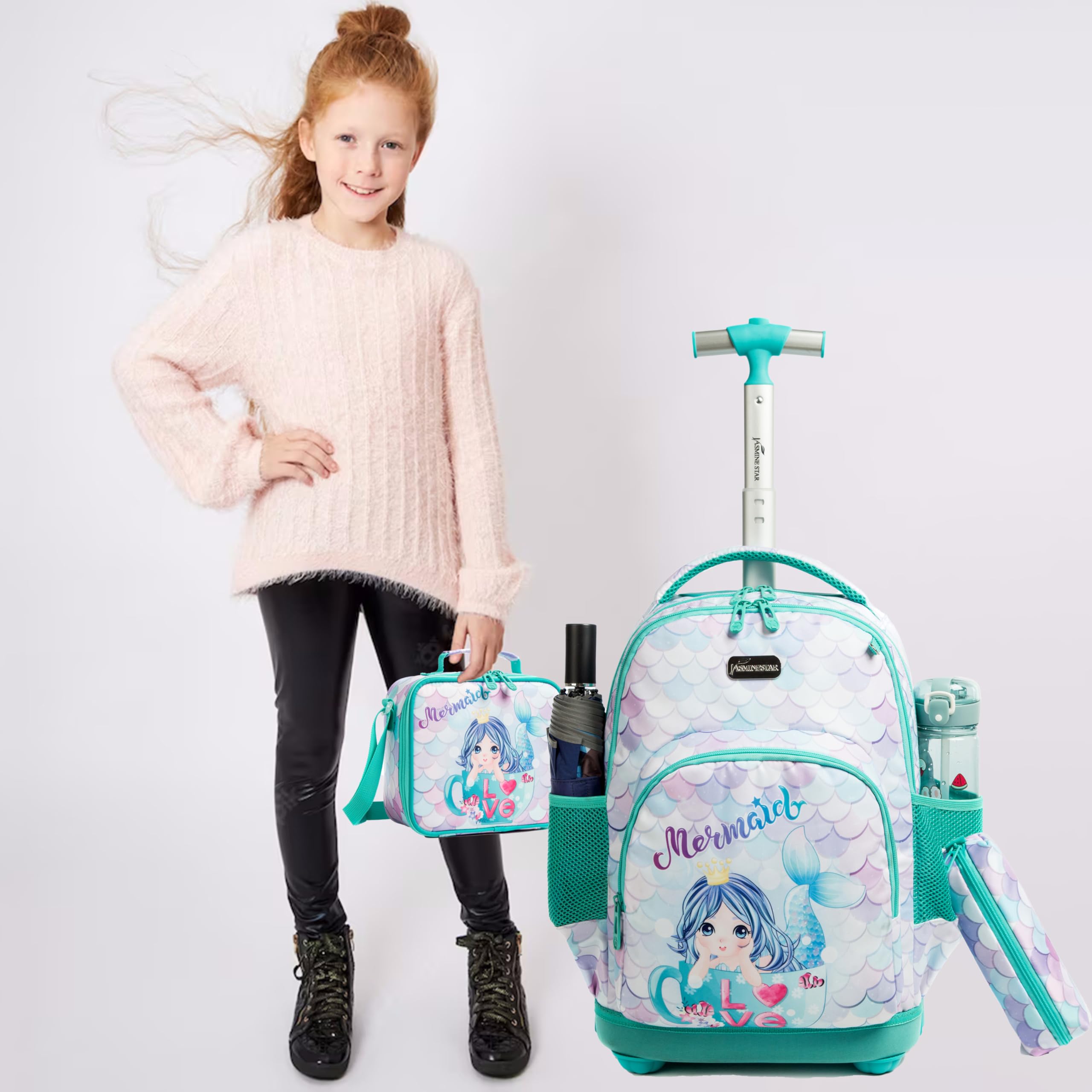 **Egchescebo Mermaid Rolling Backpack for Girls - Kids Wheeled Luggage & Travel Suitcase with Wheels, Toddler Bookbag for School, Lunch, and Elementary - Perfect for Travel, School, and Daily Use (Green)**