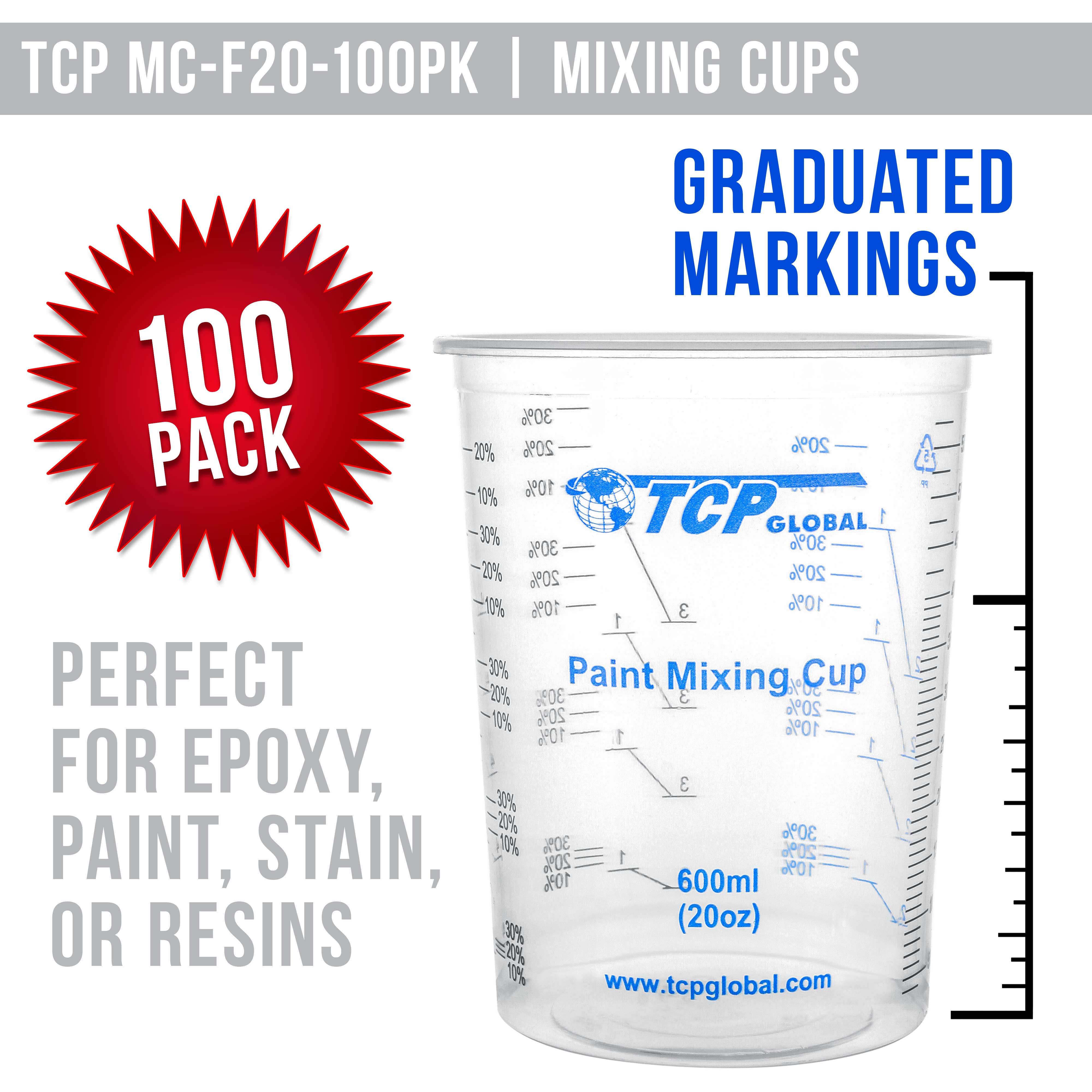 TCP Global 20oz (600ml) Disposable Plastic Mixing Cups - Pack of 100 Cups & 50 Sticks - Clear Graduated Measuring Cups for Paint, Epoxy Resin, Glue - Perfect for DIY Crafts, Art Projects & Home Repairs