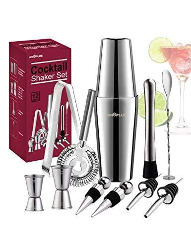 Premium 12-Piece Stainless Steel Cocktail Shaker Set - Boston Shaker, Martini Mixer, Drink Strainer & Bar Tools Kit with Double Jigger & Spoon | Perfect for Home Bars, Professional Bartenders & Cocktail Enthusiasts