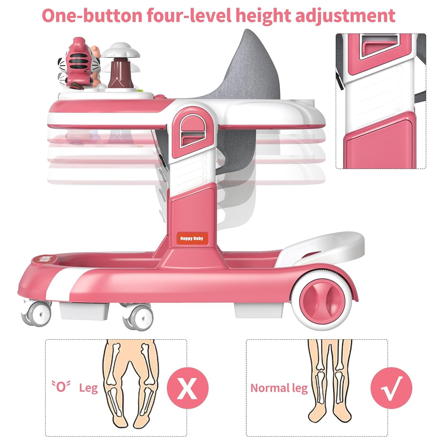 Premium Baby Walker with Wheels & Activity Center - Foldable Infant Toddler Walker for Boys & Girls 6-18 Months | Adjustable Height, Foot Pads & Toys | Perfect for Learning to Walk & Indoor Playtime (Pink)