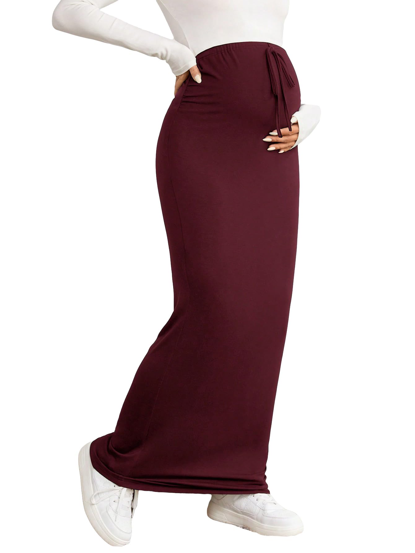 SHENHE Women's Maternity Maxi Skirt - Soft Knit Fabric with Adjustable Waist Drawstring for Pregnancy Comfort - Perfect for Casual Wear, Office, and Maternity Photos
