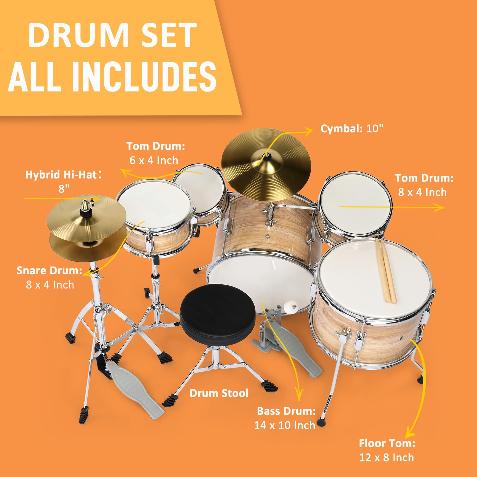 14 Inch 5-Piece Junior Drum Set Complete with Cymbals, Hi-Hat Stand, Sticks, Pedal & Stool - Perfect Wooden Drum Kit for Kids Beginners - Ideal for Home Practice, Music Lessons & Rock Band Performances