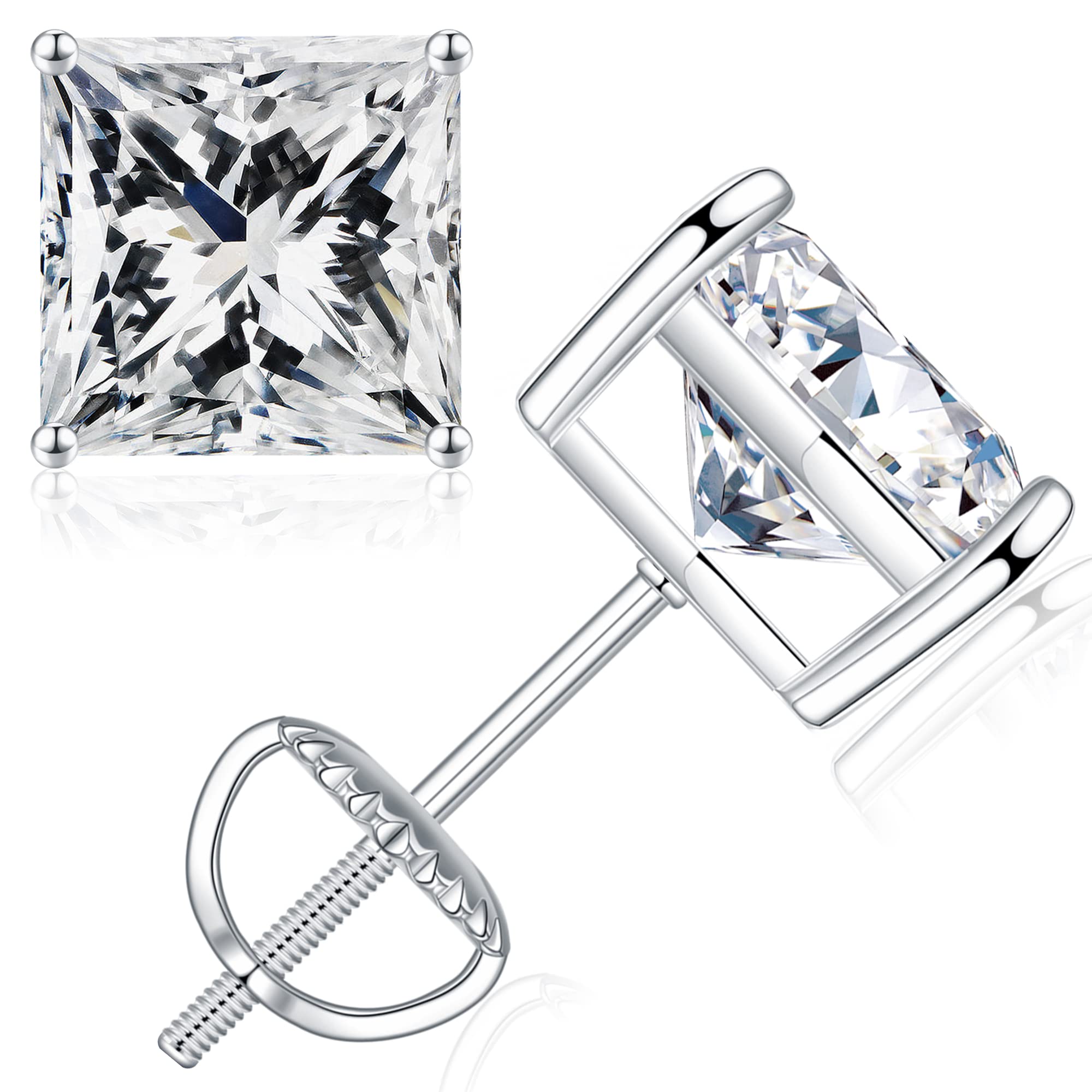 0.6-4ct Princess Cut Moissanite Earrings | D Color VVS1 Clarity | Lab Created Moissanite | 925 Sterling Silver Screw Back Studs | Hypoallergenic Jewelry for Women & Men | Perfect for Weddings, Anniversaries & Special Occasions