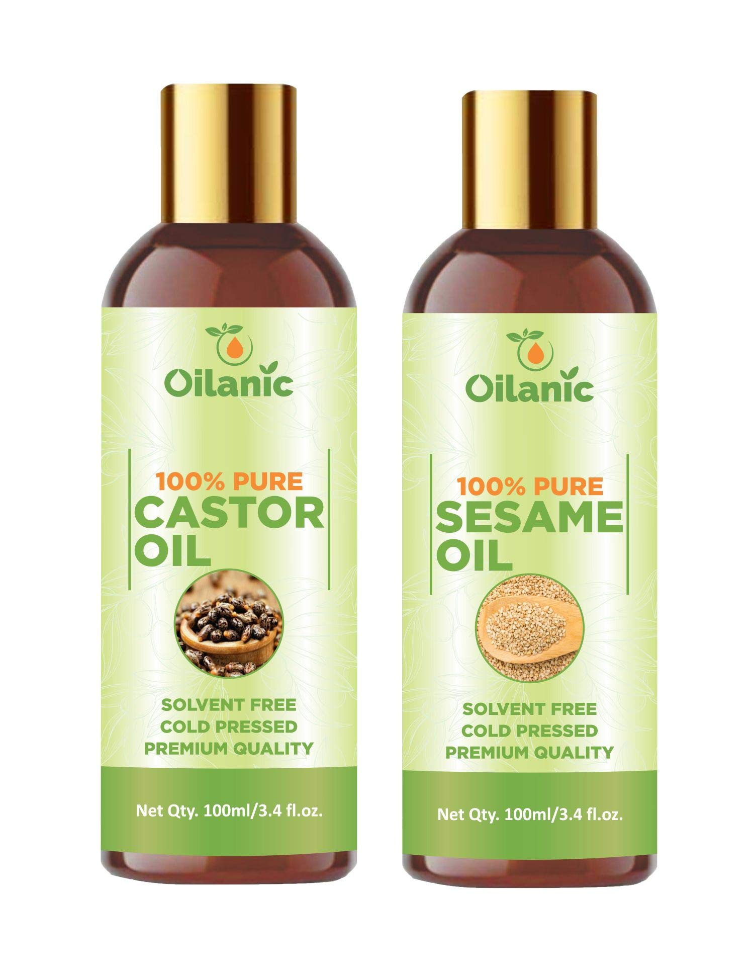 Oilanic 100% Pure & Natural Castor Oil & Sesame Oil Combo Pack - 2 Bottles (100ml Each, 200ml Total) for Hair Growth, Skin Care & Massage Therapy