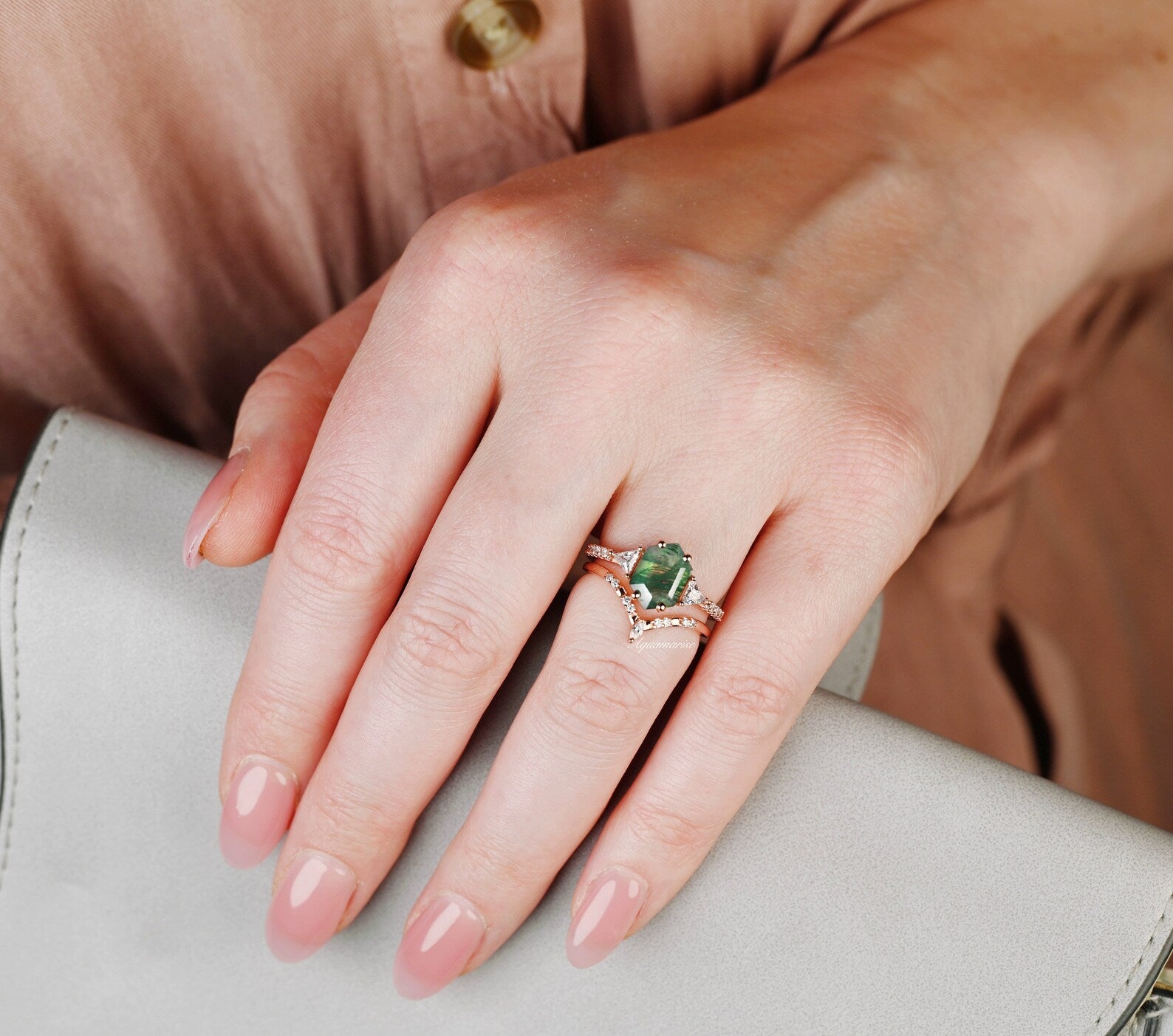 Hexagon Green Moss Agate Ring Set - 14K Rose Gold Vermeil Jewelry for Women, Elegant Stackable Rings for Everyday Wear, Gift for Her, Birthday & Anniversary Present
