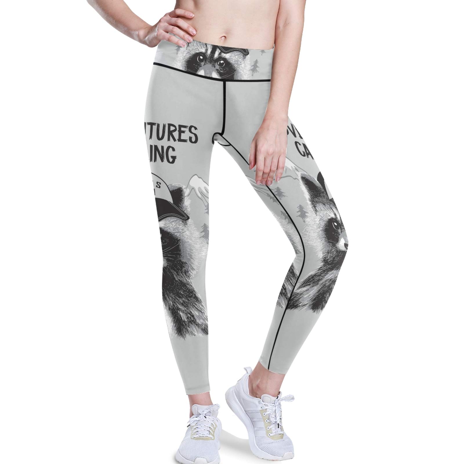 Raccoon Print High Waist Yoga Pants - Women's Tummy Control Workout Leggings with Pockets for Running & Gym