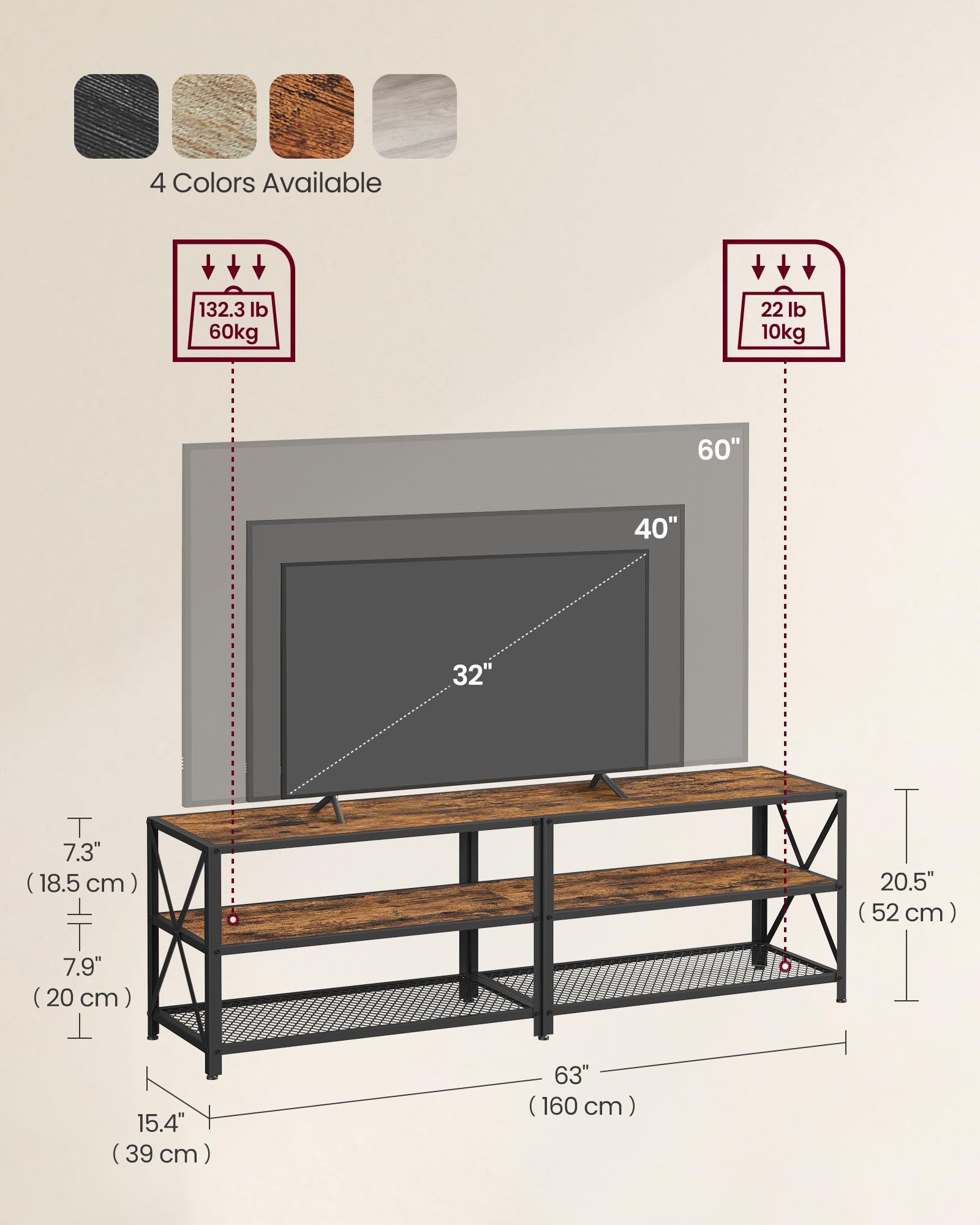 VASAGLE 70 Inch TV Stand with 3-Tier Shelves, Industrial Style TV Console Table with Steel Frame, Rustic Brown & Black Entertainment Center for Living Room - Perfect for Home Theater Setup & Media Storage