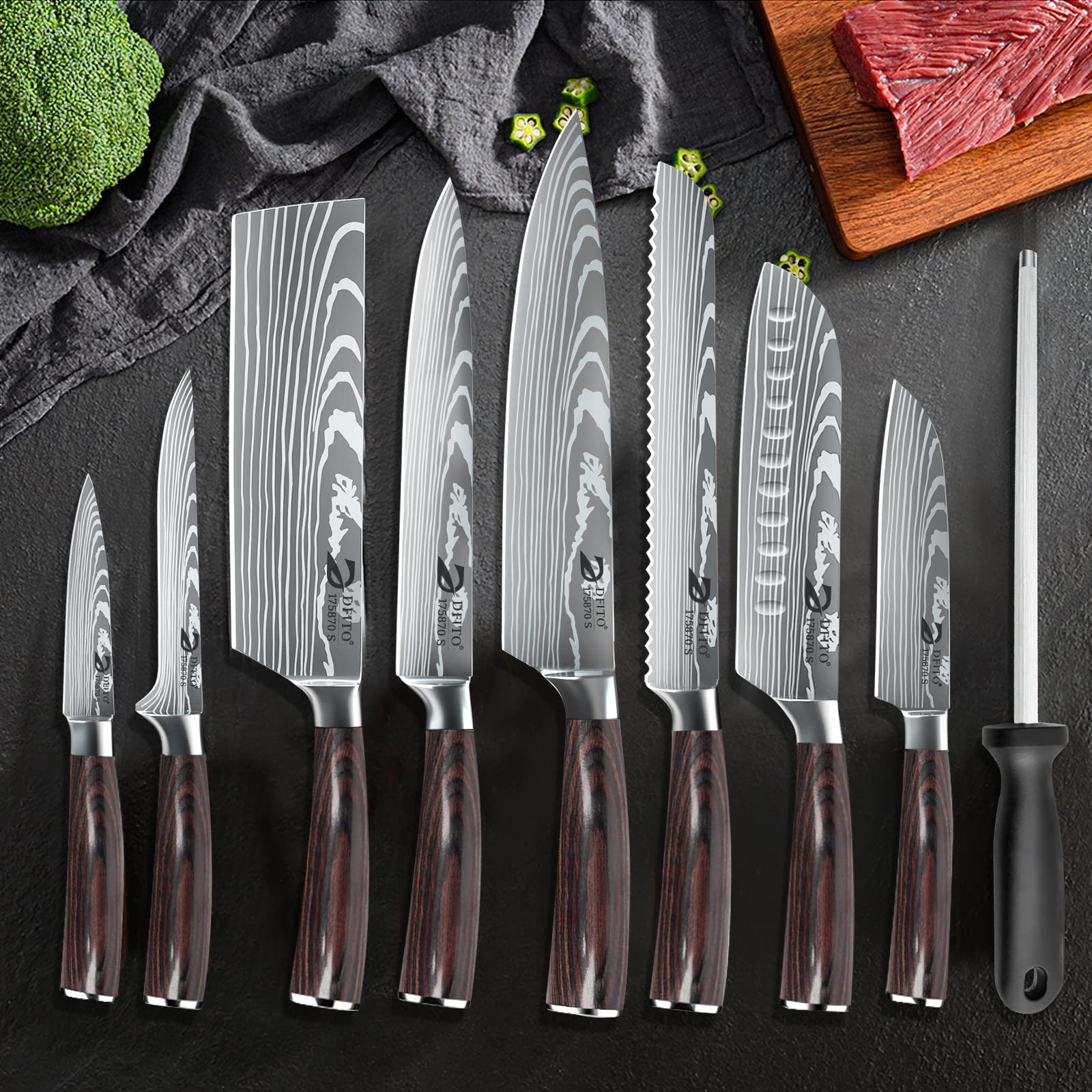 Premium 9-Piece Professional Chef Knife Set with Roll Bag - High Carbon Stainless Steel Kitchen Knives with Red Pakkawood Handle - Dishwasher Safe - Perfect for Home Cooks, Culinary Students & Professional Chefs - Ideal for Slicing, Dicing & Food Prep