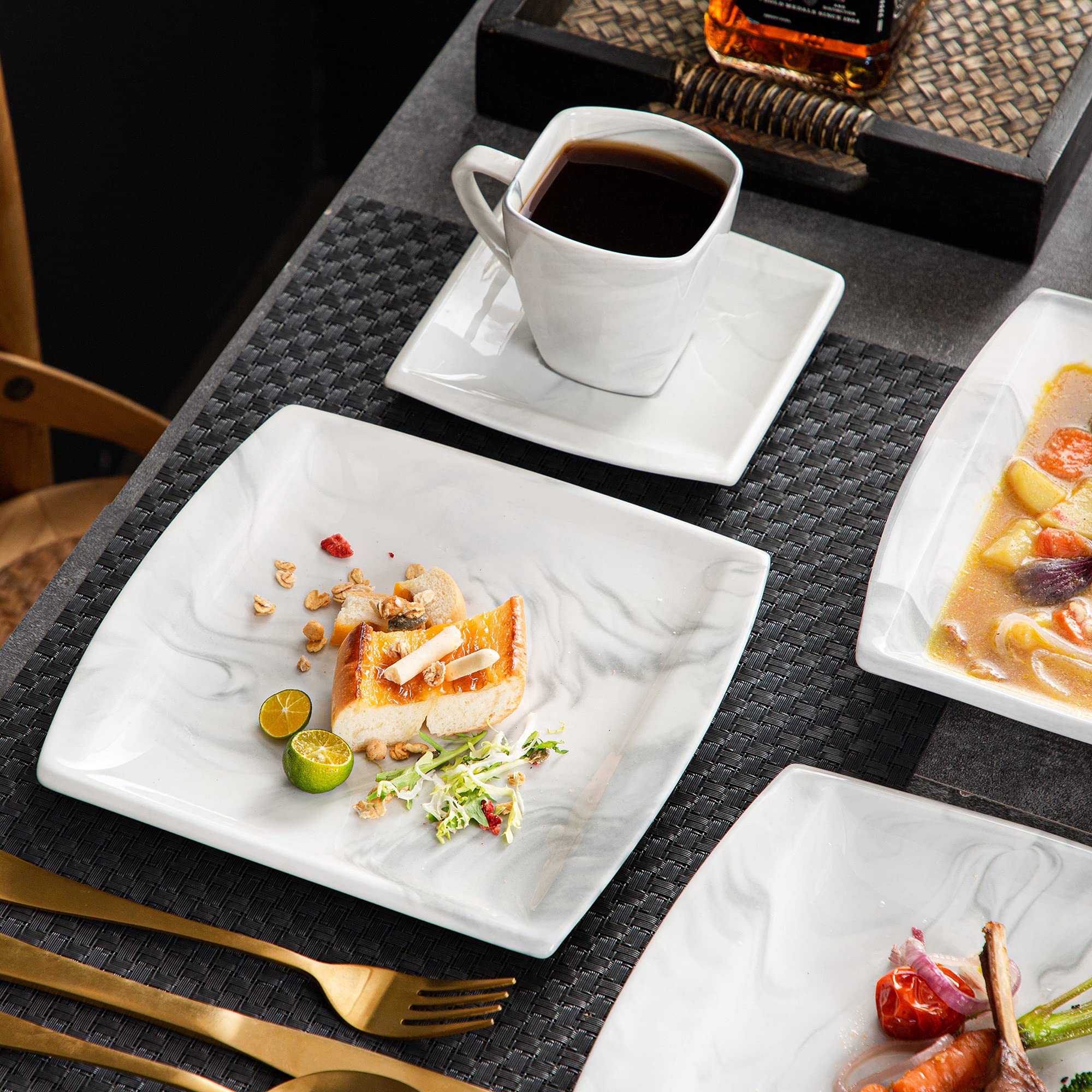 MALACASA 60-Piece Porcelain Dinnerware Set for 12 - Square Marble Plates, Bowls, Cups & Saucers - Modern White Dishware Set for Formal Dining, Restaurant, Wedding & Home Decor