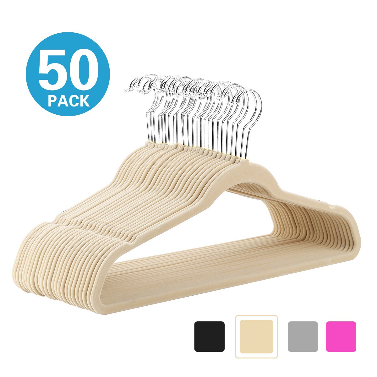 50 Pack Premium Velvet Hangers - Heavy Duty Non-Slip Suit Hangers with Chrome Hooks, Space Saving Closet Organizers (Ivory) - Perfect for Wardrobe Organization & Luxury Garment Storage