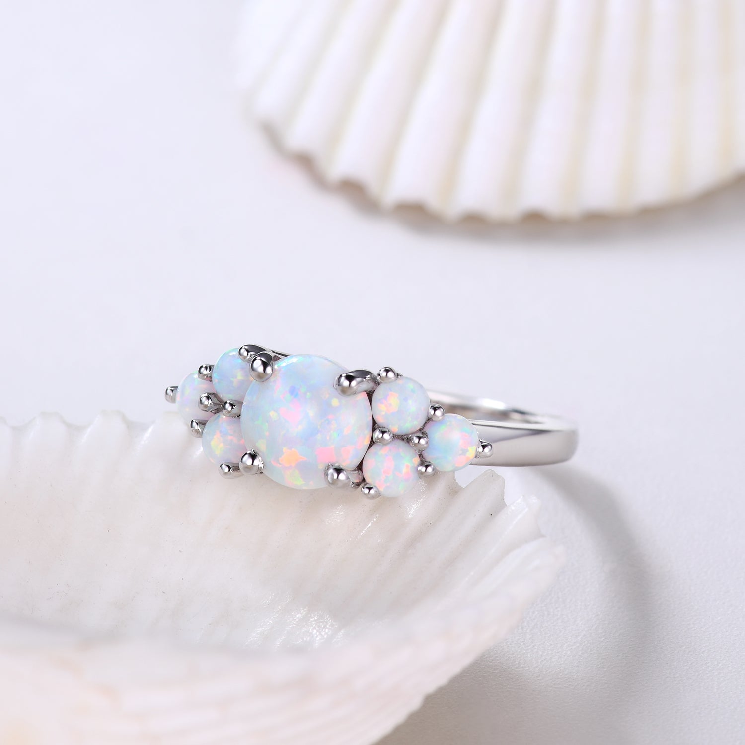 7mm Round White Opal Engagement Ring in 14K White Gold with Diamond Accents - Elegant Wedding Band, Promise Ring & Anniversary Gift for Her