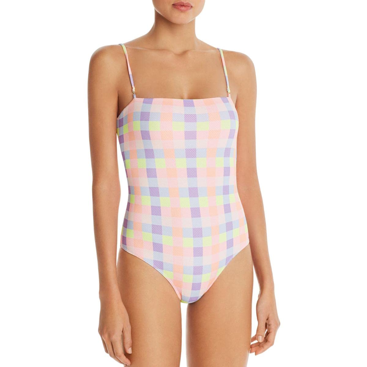 PAPER London Women's Sting Ray Check Print One-Piece Swimsuit - Pink & White Swimwear for Beach, Pool & Vacation | Trendy Bathing Suit for Summer