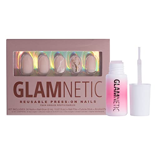 Glamnetic Sweetener Press On Nails with Brush On Nail Glue - Neutral Short Round Fake Nails for Women | Trendy & Mess-Free False Nails Kit with 30 Pieces & Brush Tip Applicator | Perfect for Daily Wear, Parties, Weddings & Special Occasions
