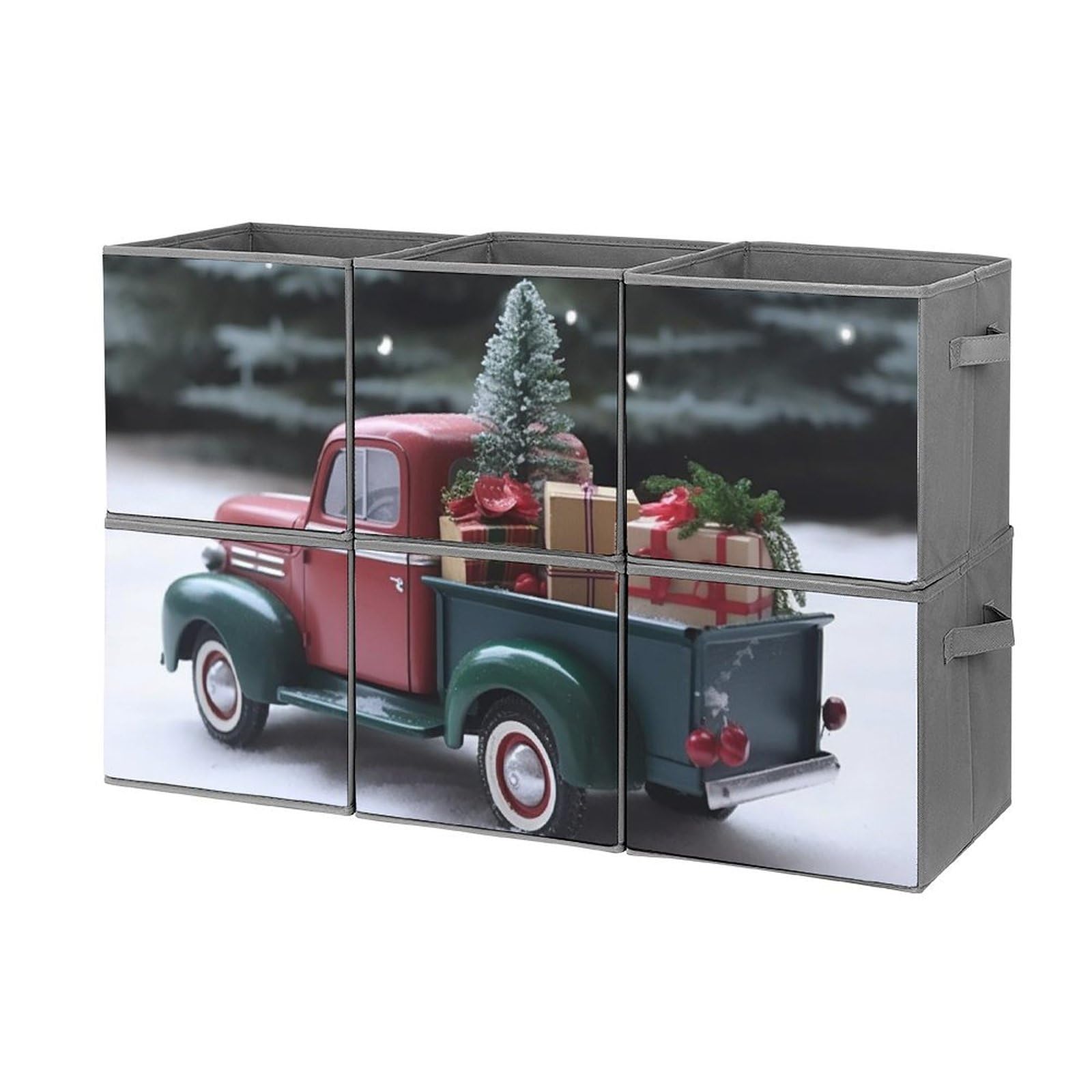6-Pack Christmas Truck Collapsible Storage Bins with Handles - Large Closet Organizer Baskets for Clothing, Toys & Holiday Decor - Perfect for Home, Bedroom, Nursery and Holiday Storage Organization