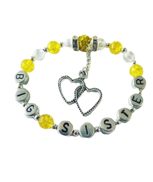 Yellow Shamballa Beaded Bracelet - Initial Wording Stretch Gift for Sister - Perfect for Birthdays & Sibling Gifts