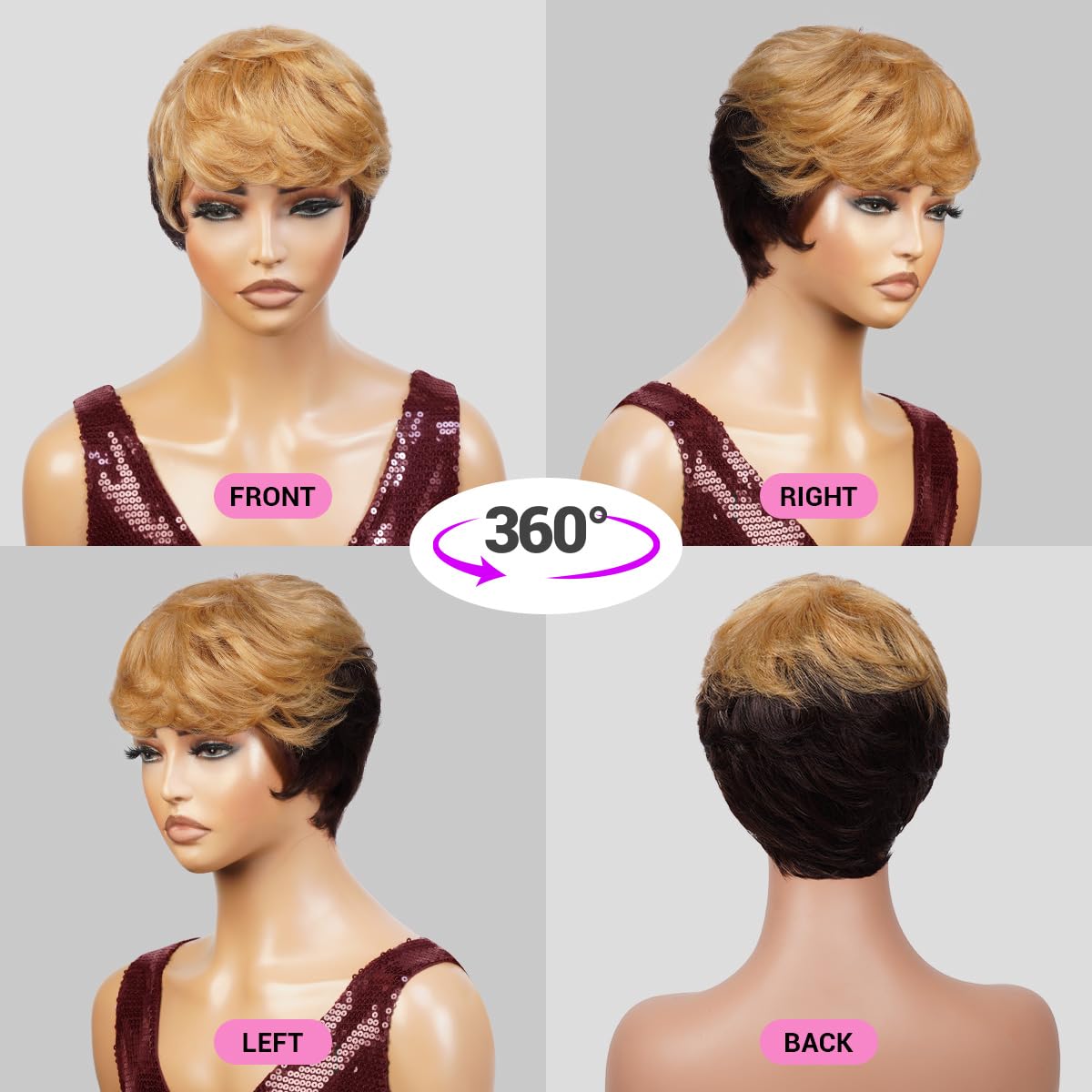 Short Pixie Cut Human Hair Wigs for Black Women - Layered Wavy Tapered Back Non-Lace Front Wig in TOPAZ (DL4/27) | Instant Fab Natural Look for Everyday Wear & Special Occasions