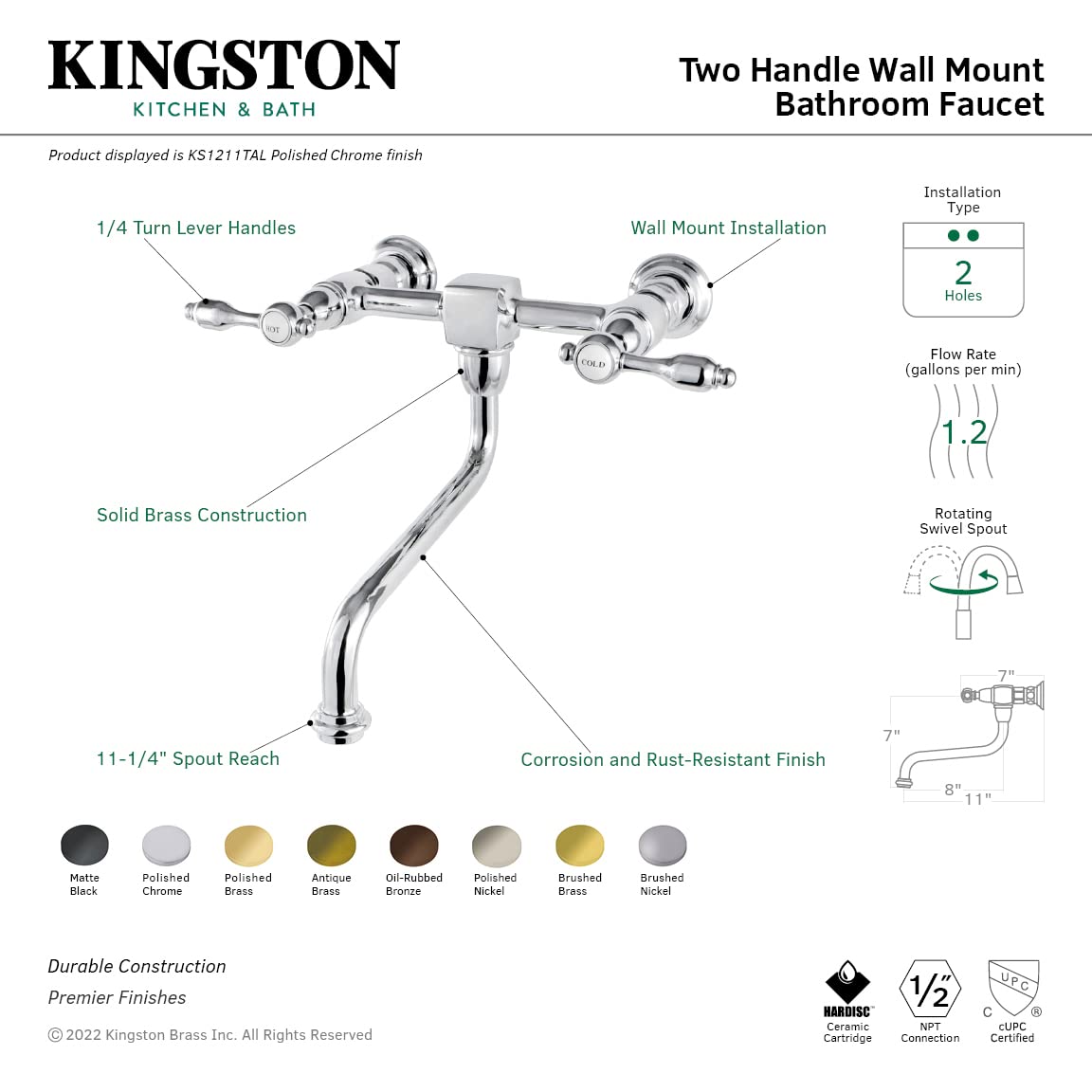 Kingston Brass KS1215TAL 8-Inch Wall Mount Vessel Sink Faucet - Oil Rubbed Bronze Finish, 8-Inch Spout Reach - Perfect for Bathroom Vanities, Powder Rooms & Modern Farmhouse Decor